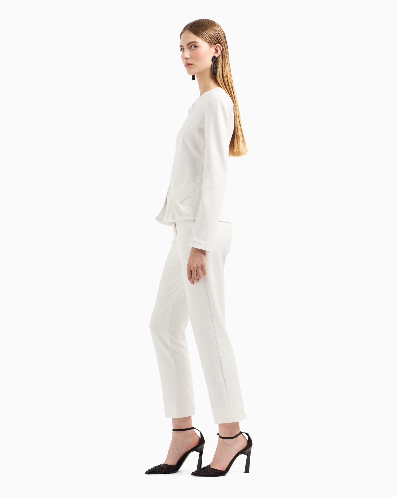 Stretch Milano stitch fabric zip-up jacket with side draping Slide 3