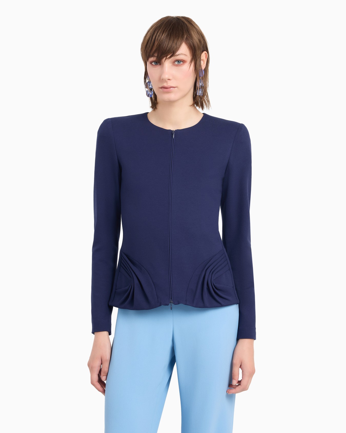 Stretch Milano stitch fabric zip-up jacket with side draping Slide 1