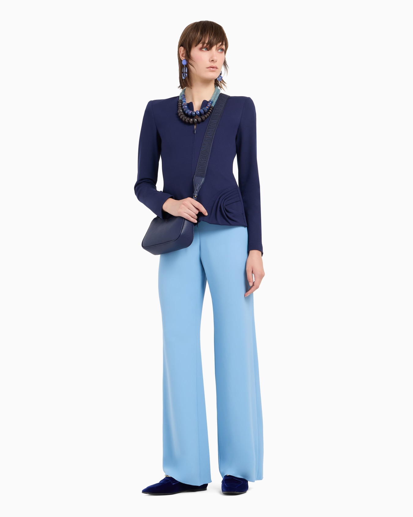 Stretch Milano stitch fabric zip-up jacket with side draping Slide 3