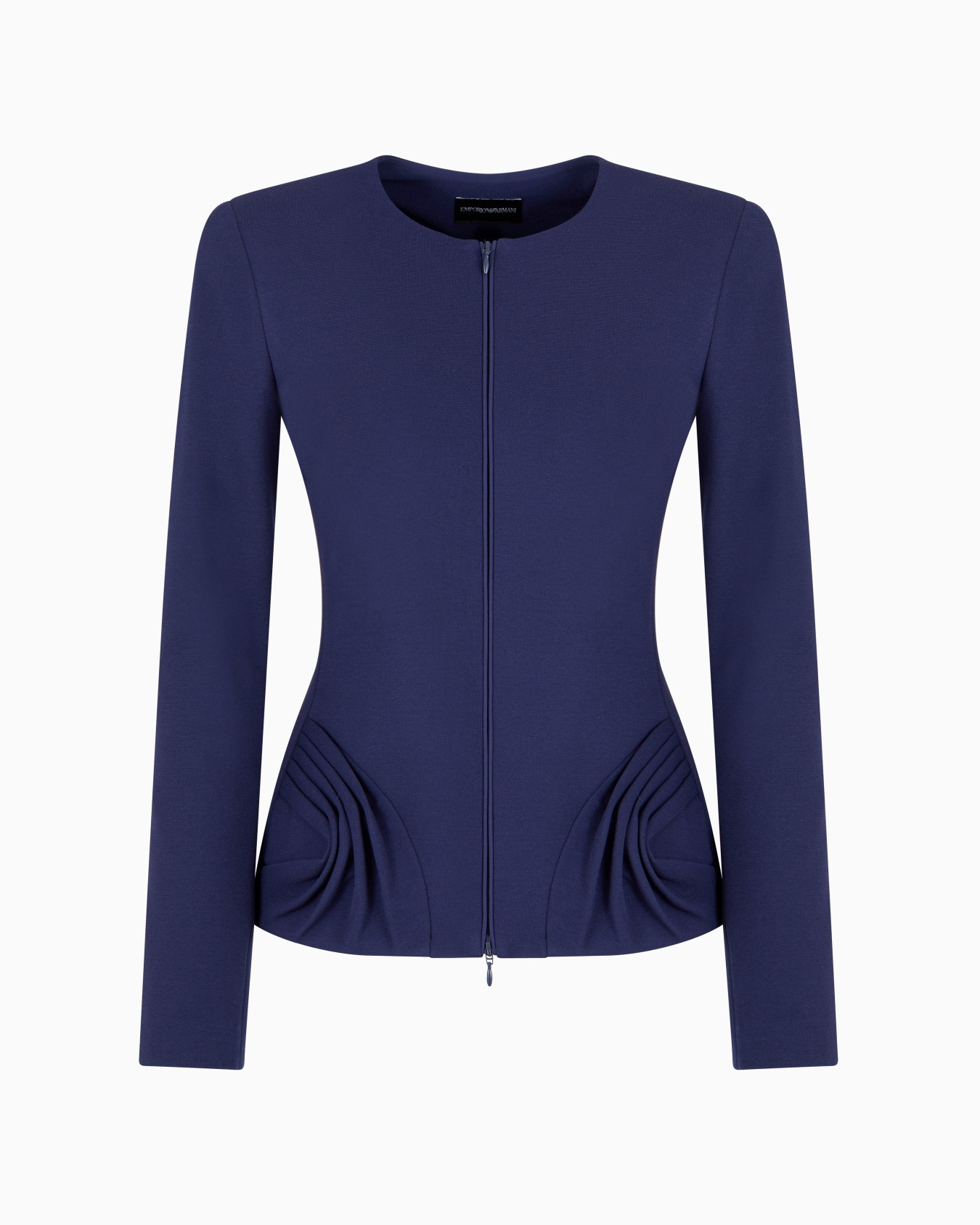 Stretch Milano stitch fabric zip-up jacket with side draping Slide 0