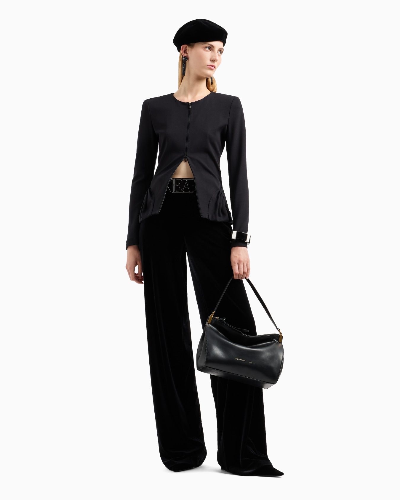 Stretch Milano stitch fabric zip-up jacket with side draping Slide 3