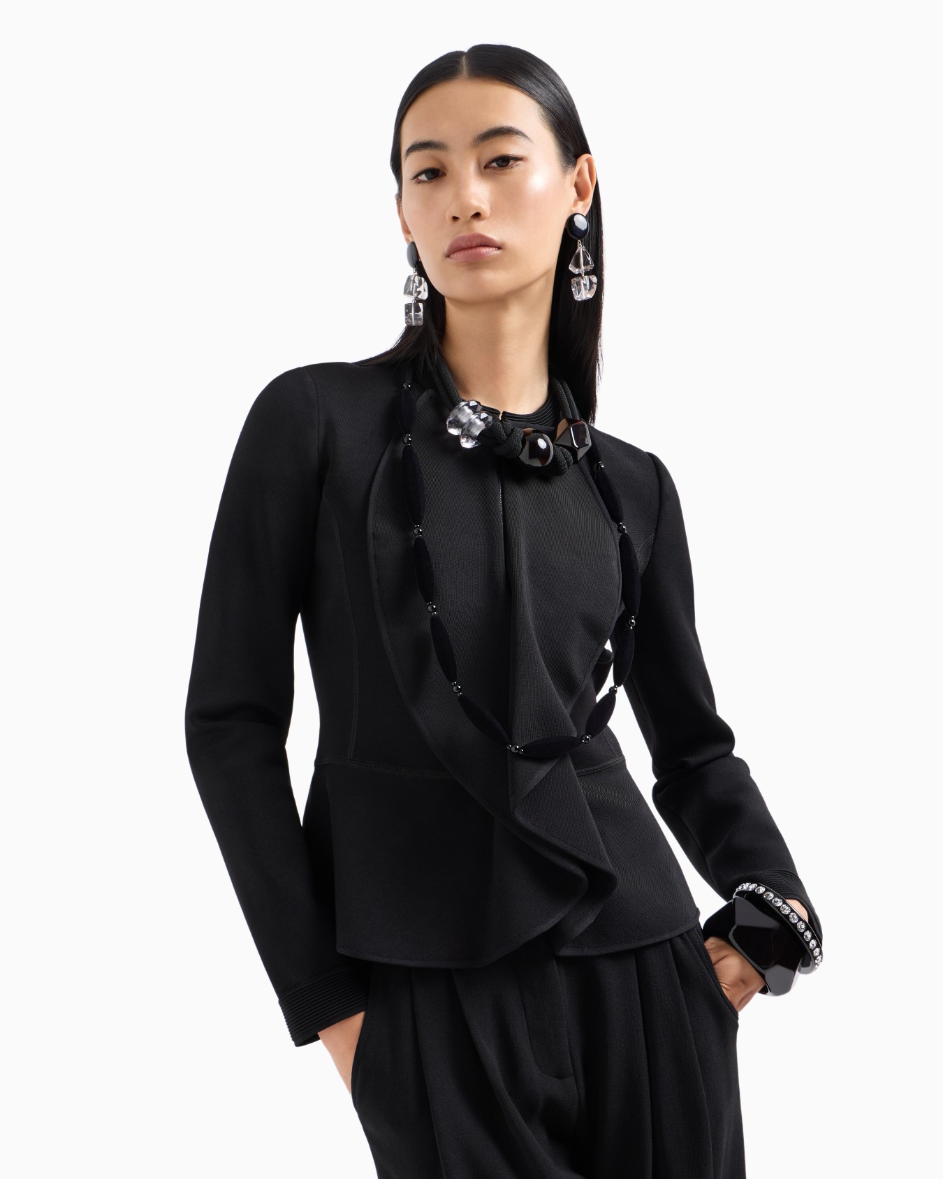 Zipped jacket with ruffles in Milano-stitch fabric Slide 5