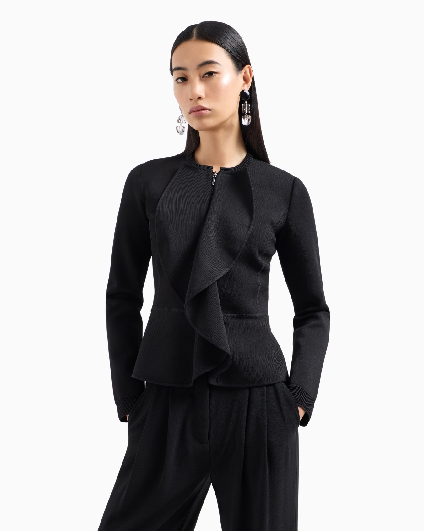 Zipped jacket with ruffles in Milano-stitch fabric Slide 1