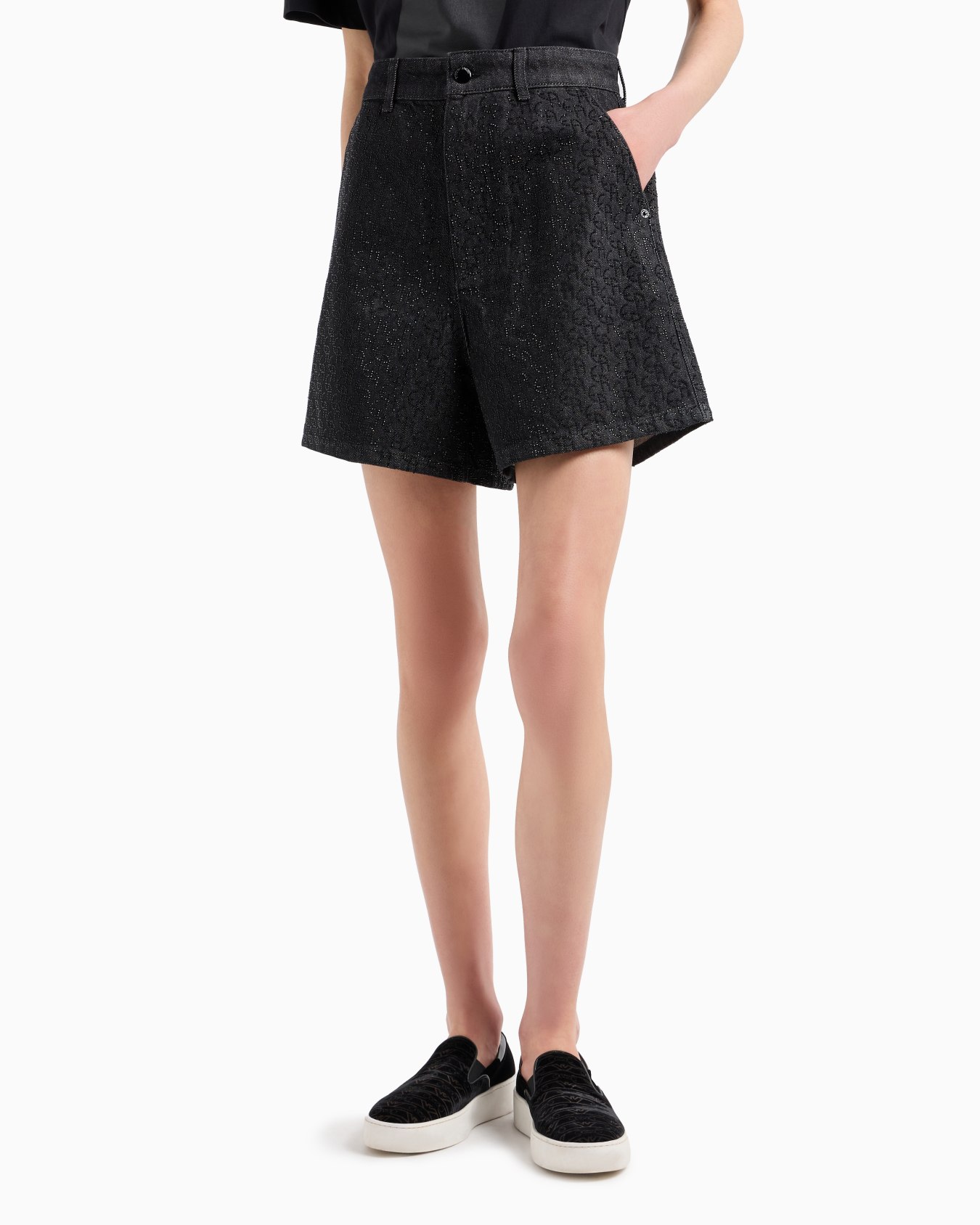 Shorts aus Denim 12,5 oz mit Allover-Strass-Logo Folie 1
