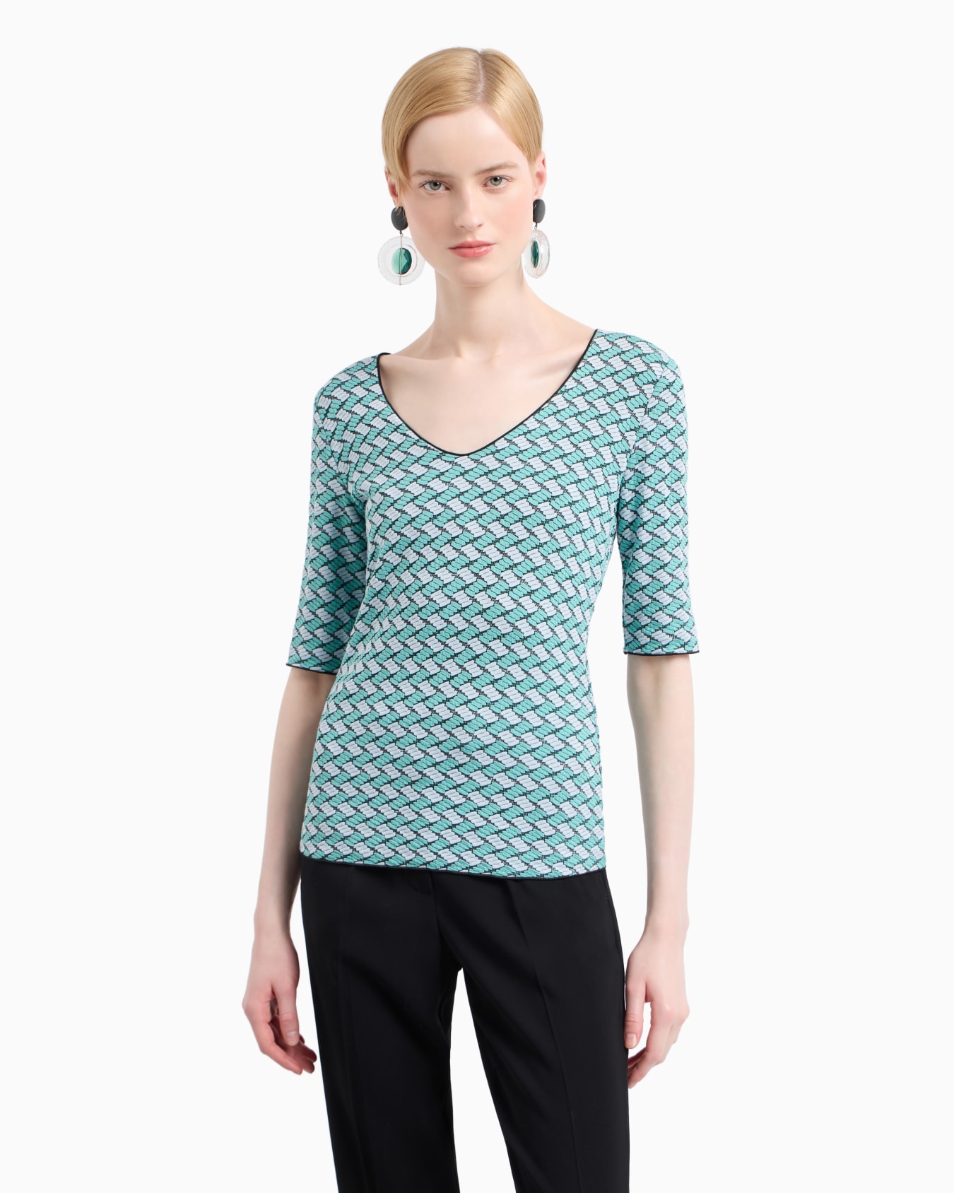 Short-sleeved V-neck jumper in embossed jacquard jersey Slide 1