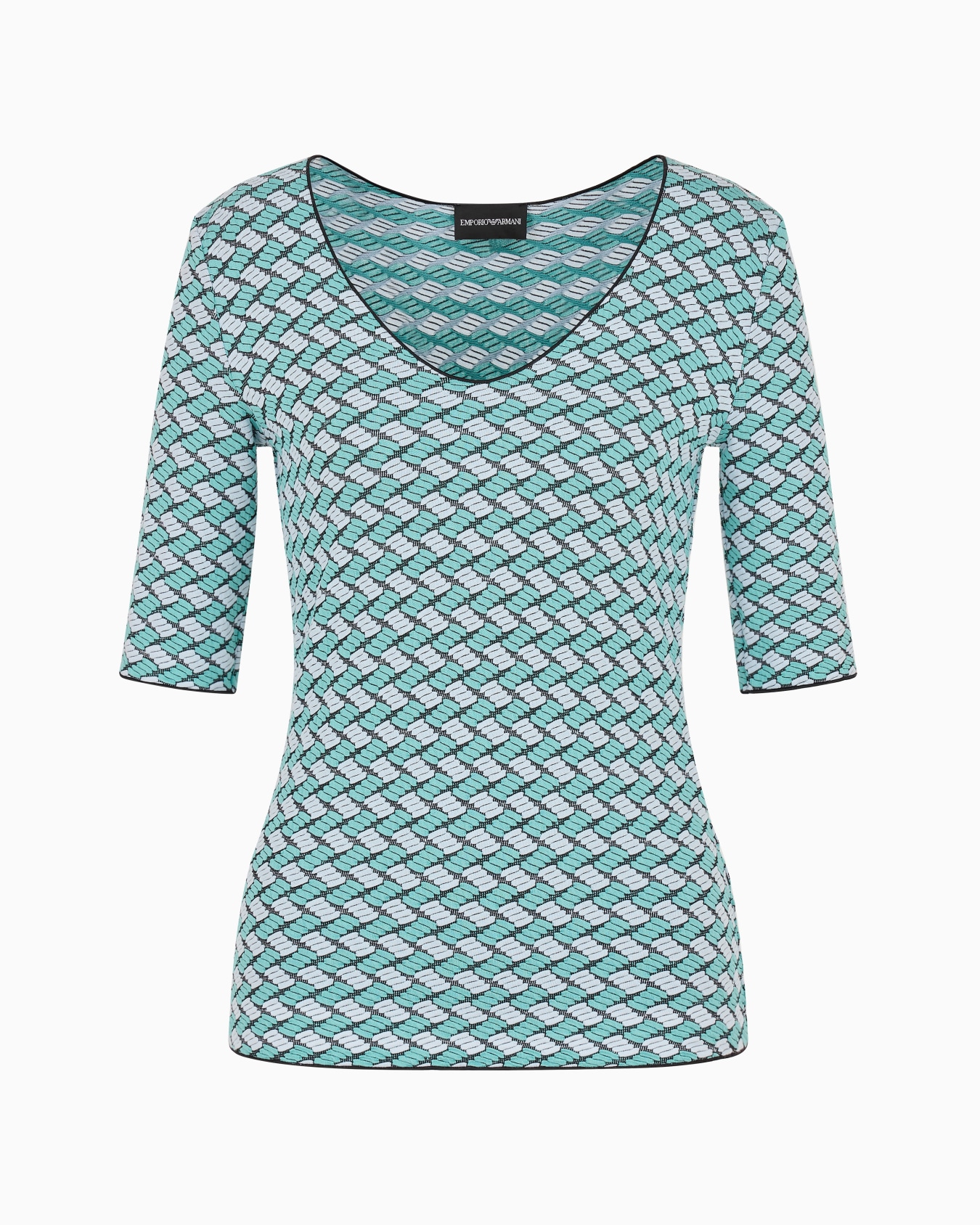 Short-sleeved V-neck jumper in embossed jacquard jersey Slide 0