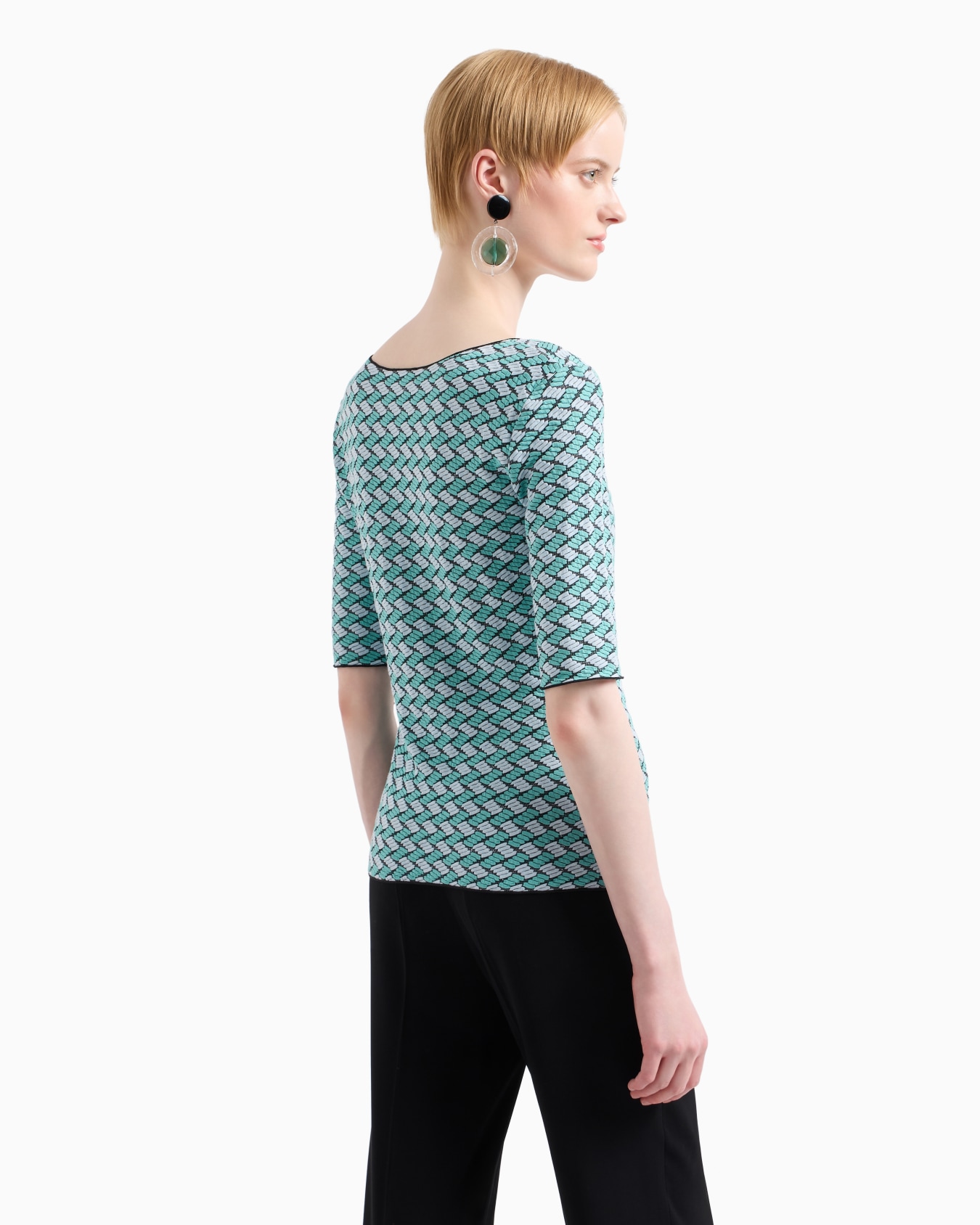 Short-sleeved V-neck jumper in embossed jacquard jersey Slide 2