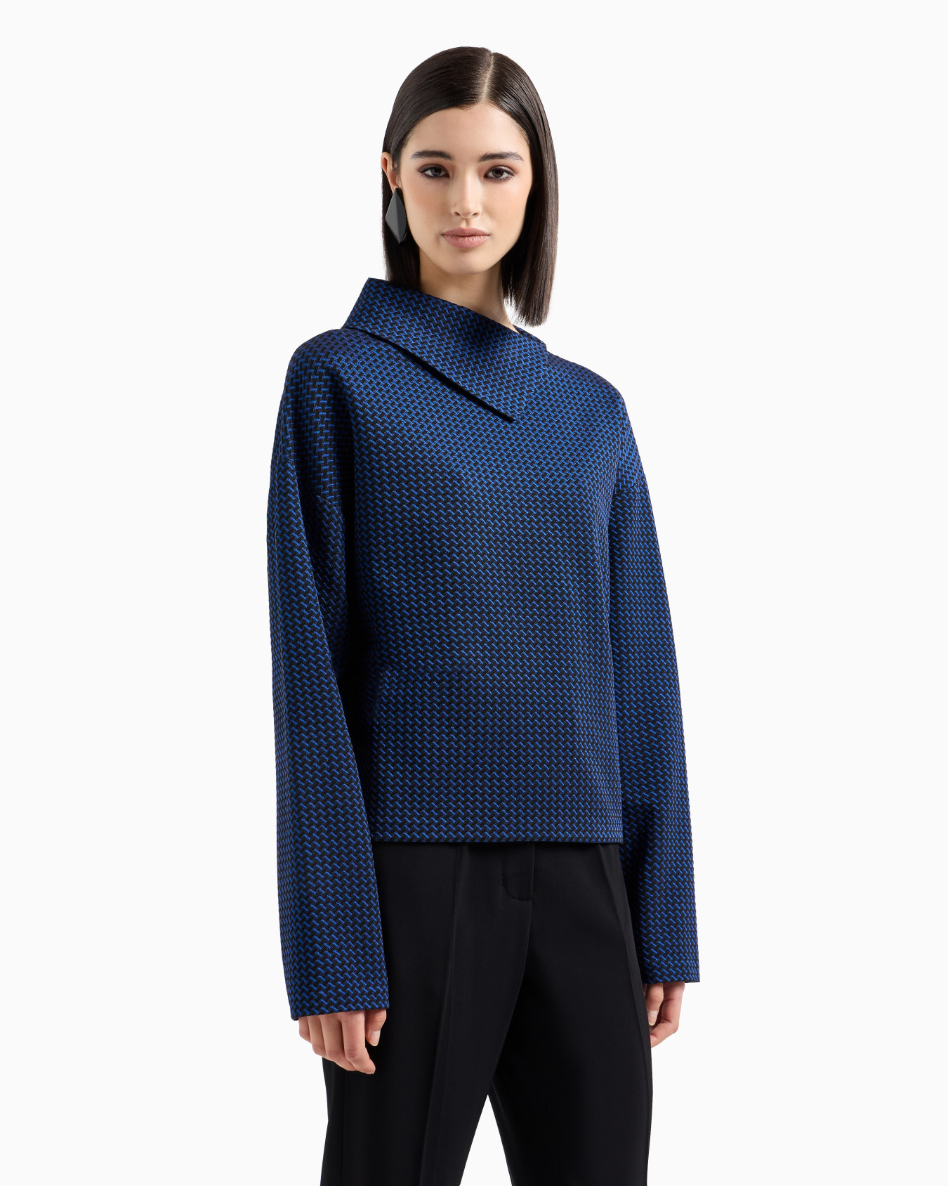 Jumper with a large turned-up collar in viscose jacquard jersey Slide 1