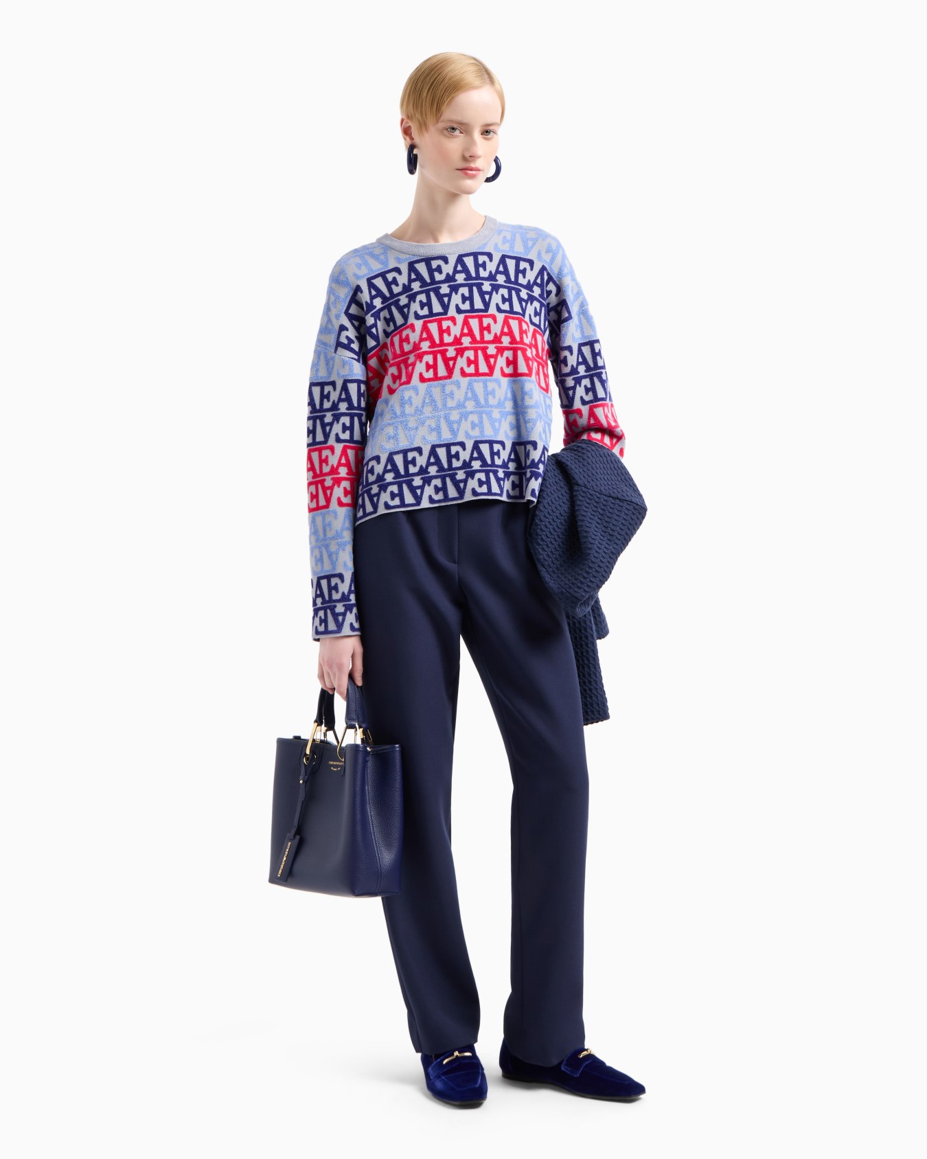Viscose jumper with all-over flocked-effect jacquard EA logo Slide 3