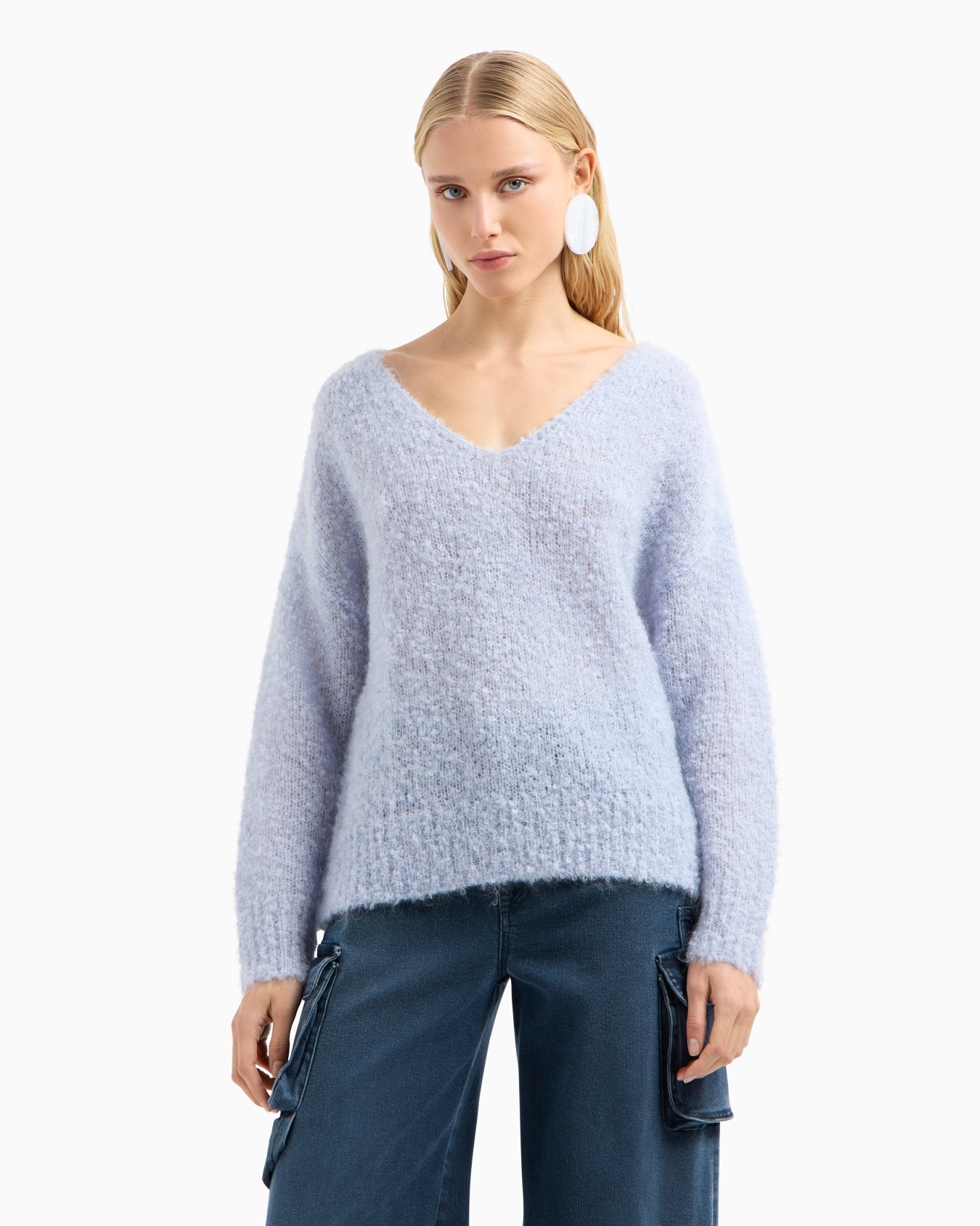 Maxi-Pullover mit V-Ausschnitt aus reinem Kaschgora in Glattstrick Folie 1
