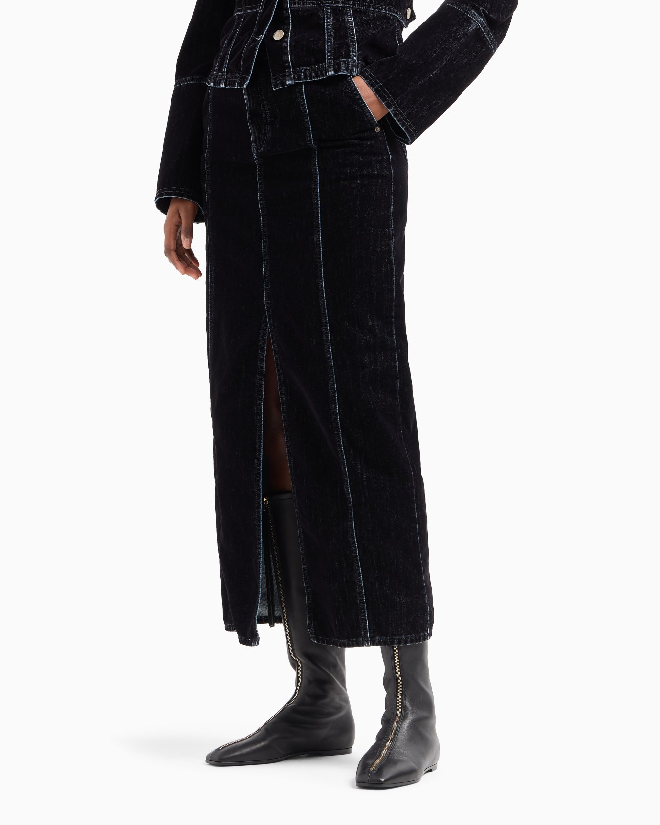 Velvet-effect flocked denim long skirt Slide 1