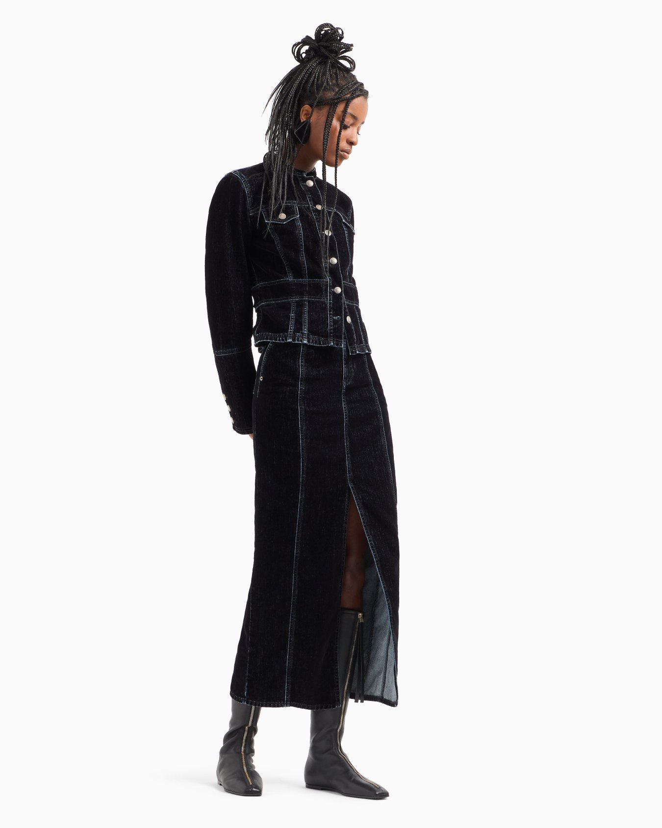 Velvet-effect flocked denim long skirt Slide 3