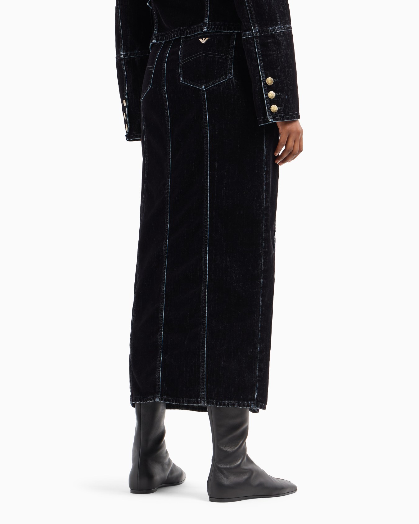 Velvet-effect flocked denim long skirt Slide 2