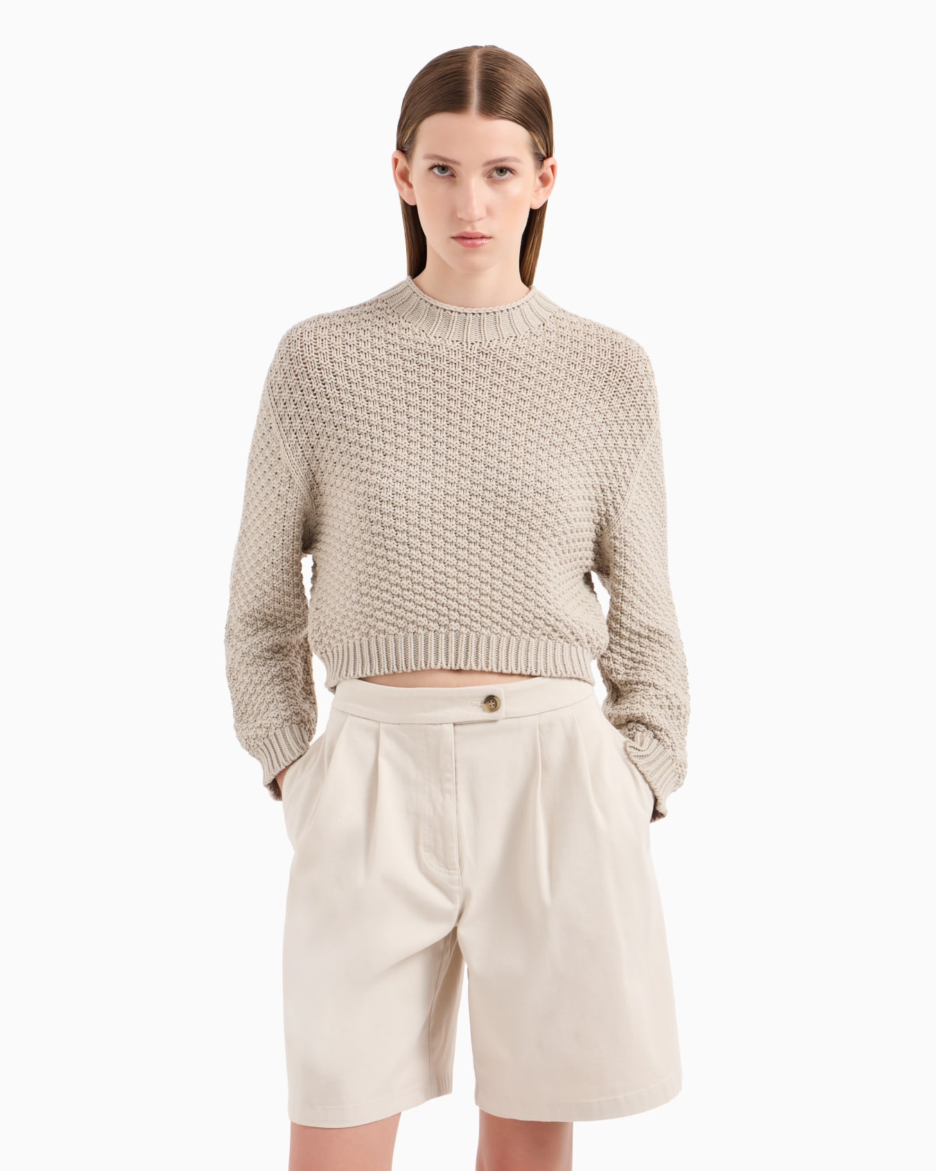 Stretch cotton gabardine shorts with pleats Slide 1