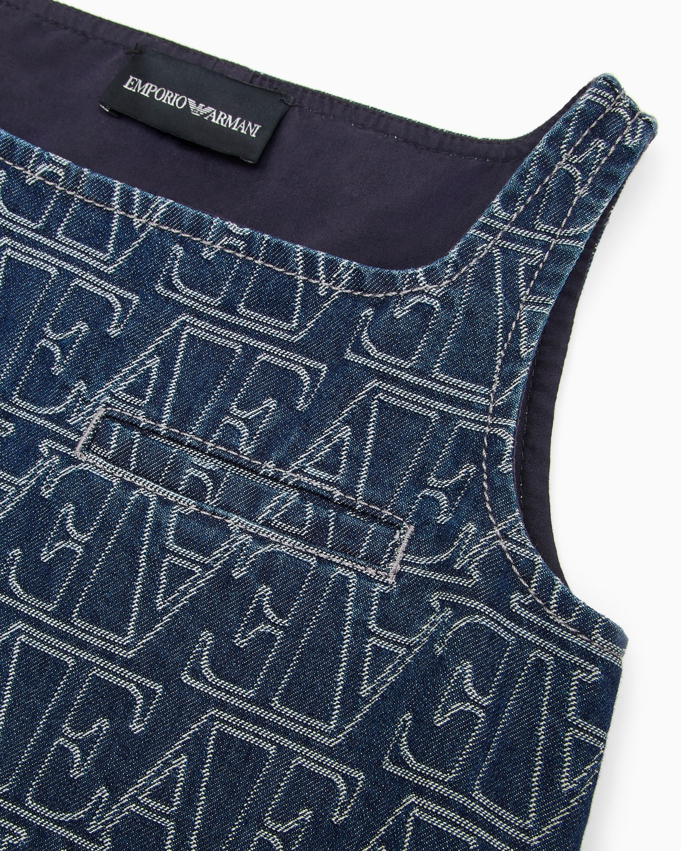 Sleeveless denim dress with all-over jacquard lettering Slide 1