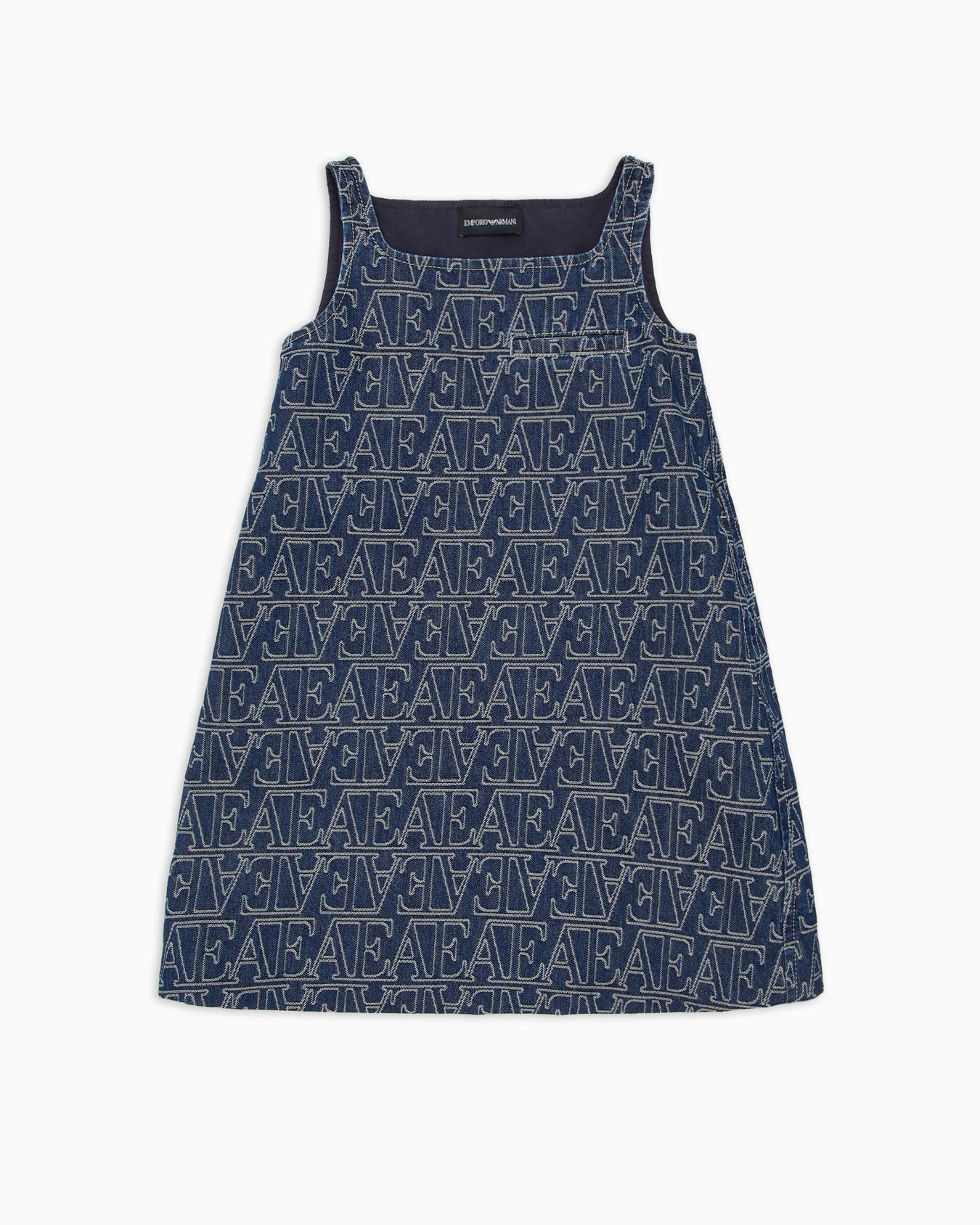 Sleeveless denim dress with all-over jacquard lettering Slide 0