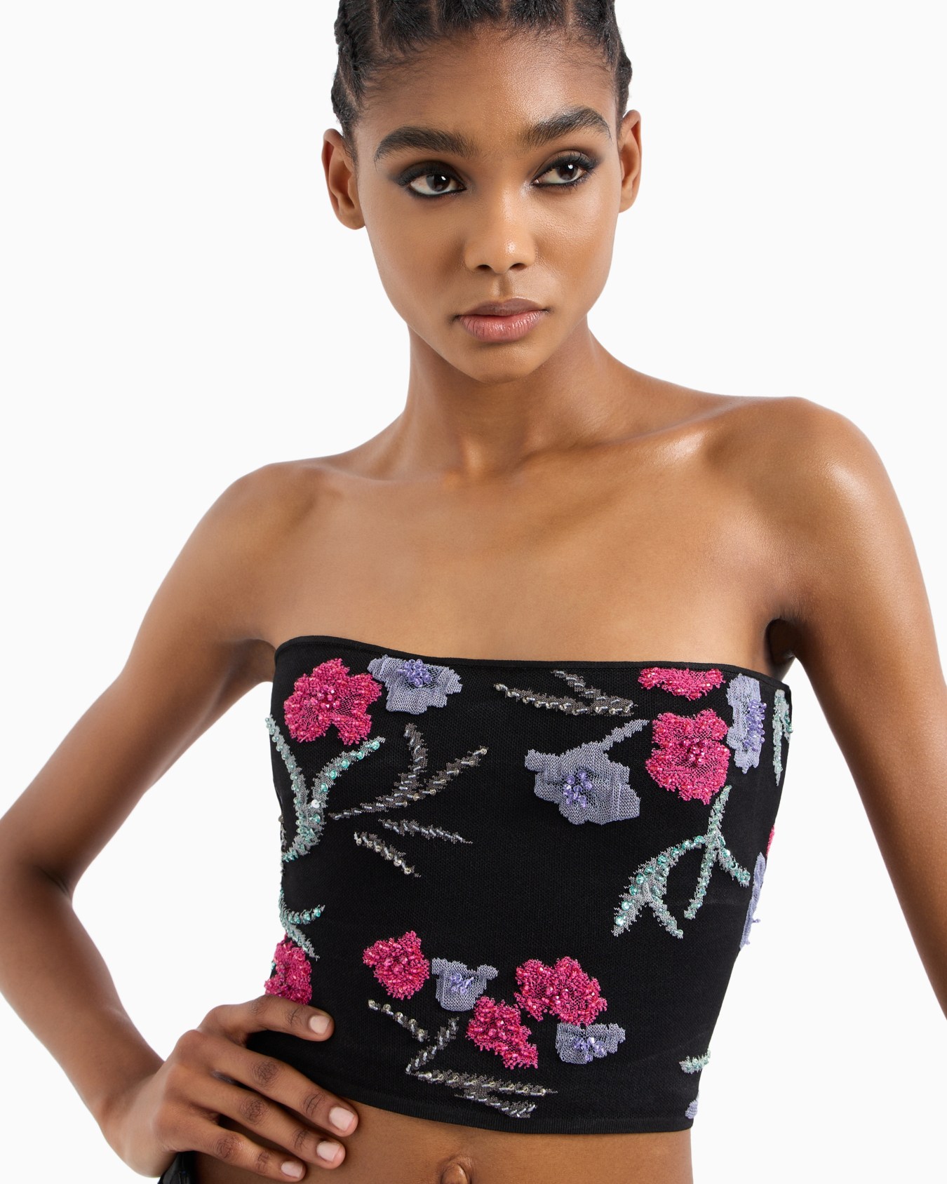 Stretch viscose bandeau top with floral jacquard Slide 5