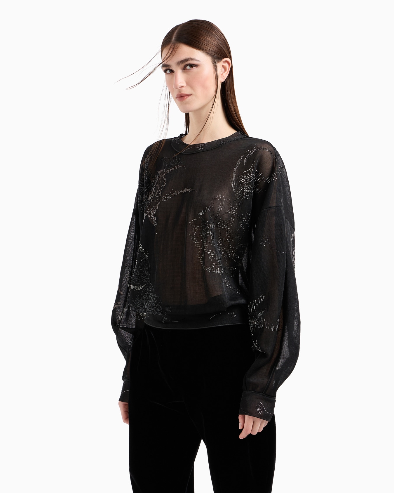 Sheer interlock shirt with Swarovski embroidery Slide 1