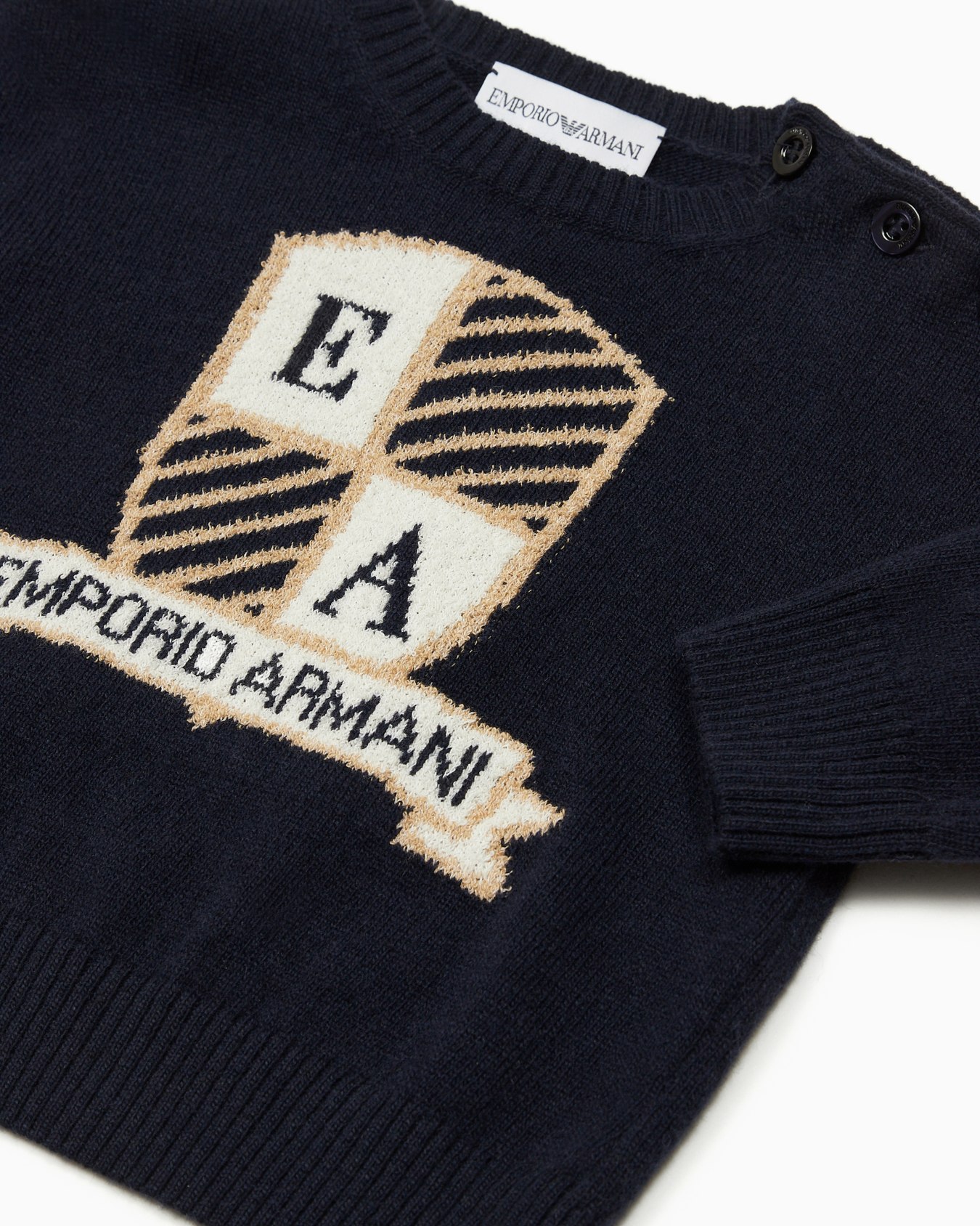 Virgin wool-blend jumper with jacquard logo crest Slide 1