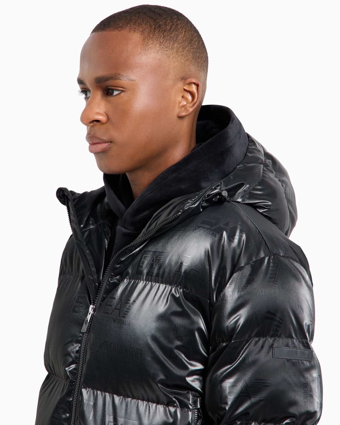 Technical fabric padded jacket with hood and all-over logo Slide 5