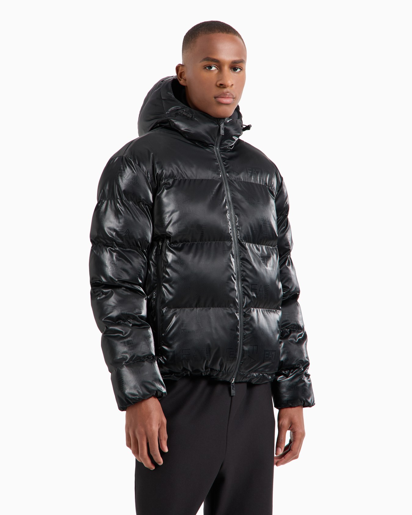 Technical fabric padded jacket with hood and all-over logo Slide 2