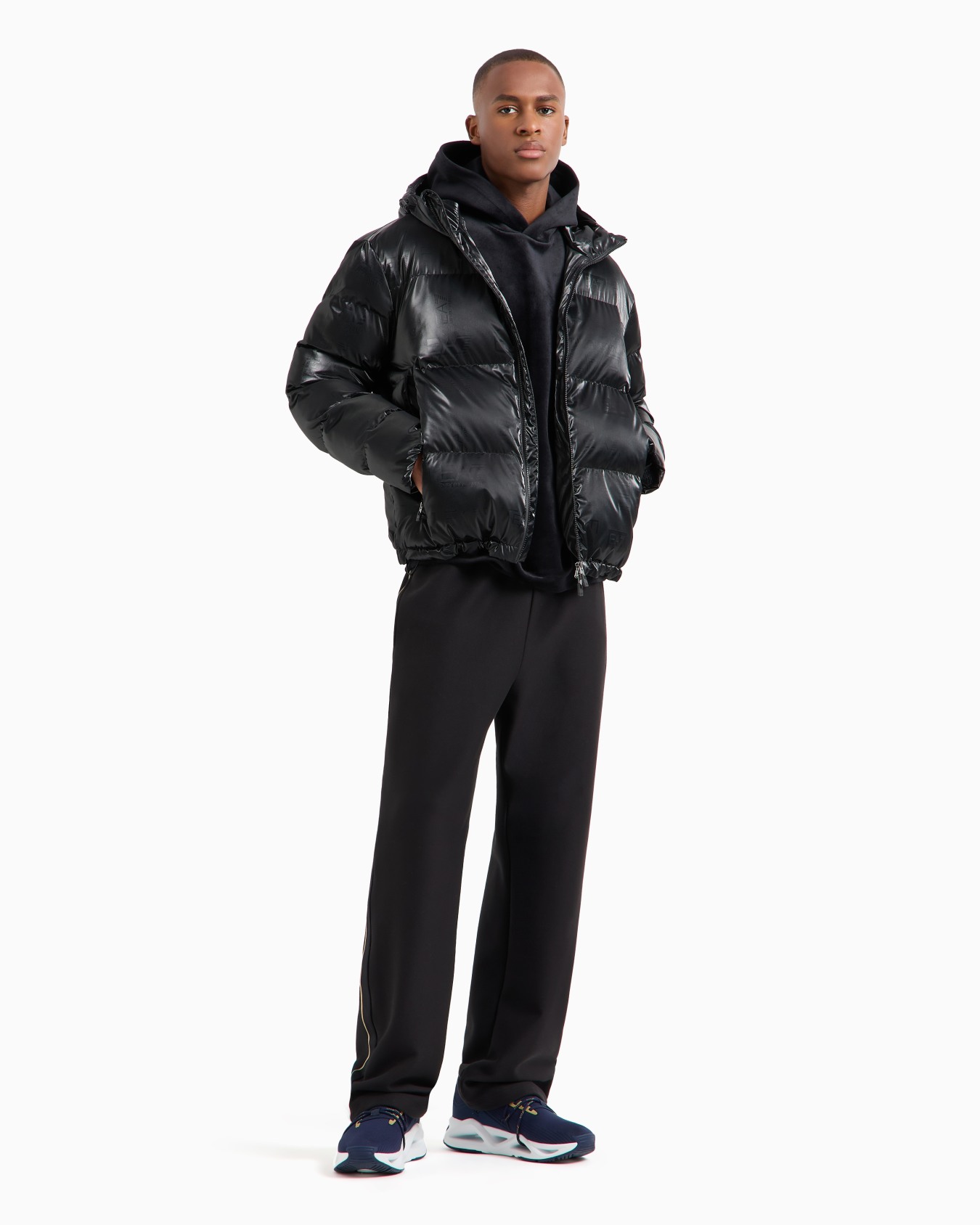 Technical fabric padded jacket with hood and all-over logo Slide 4