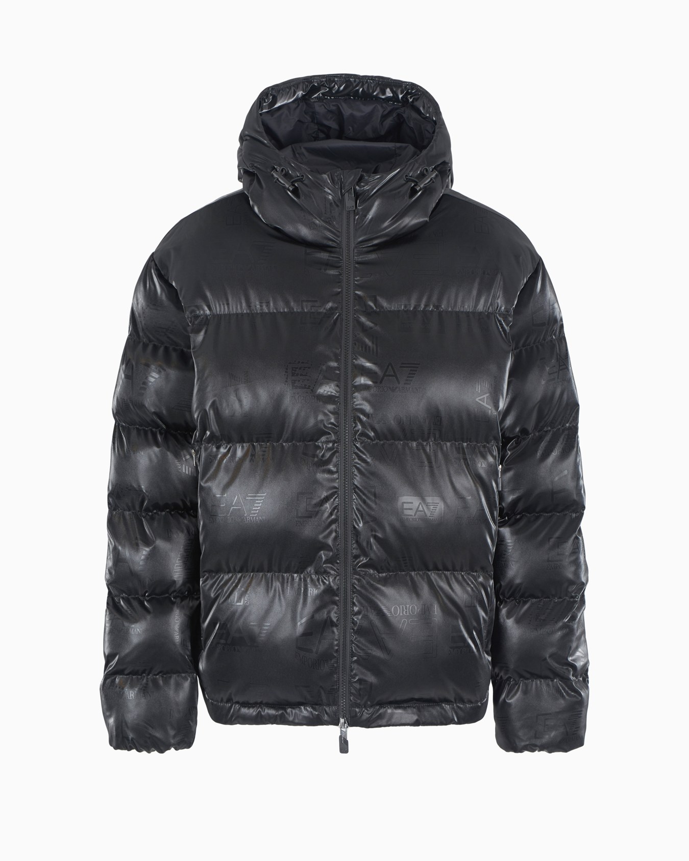 Technical fabric padded jacket with hood and all-over logo Slide 0