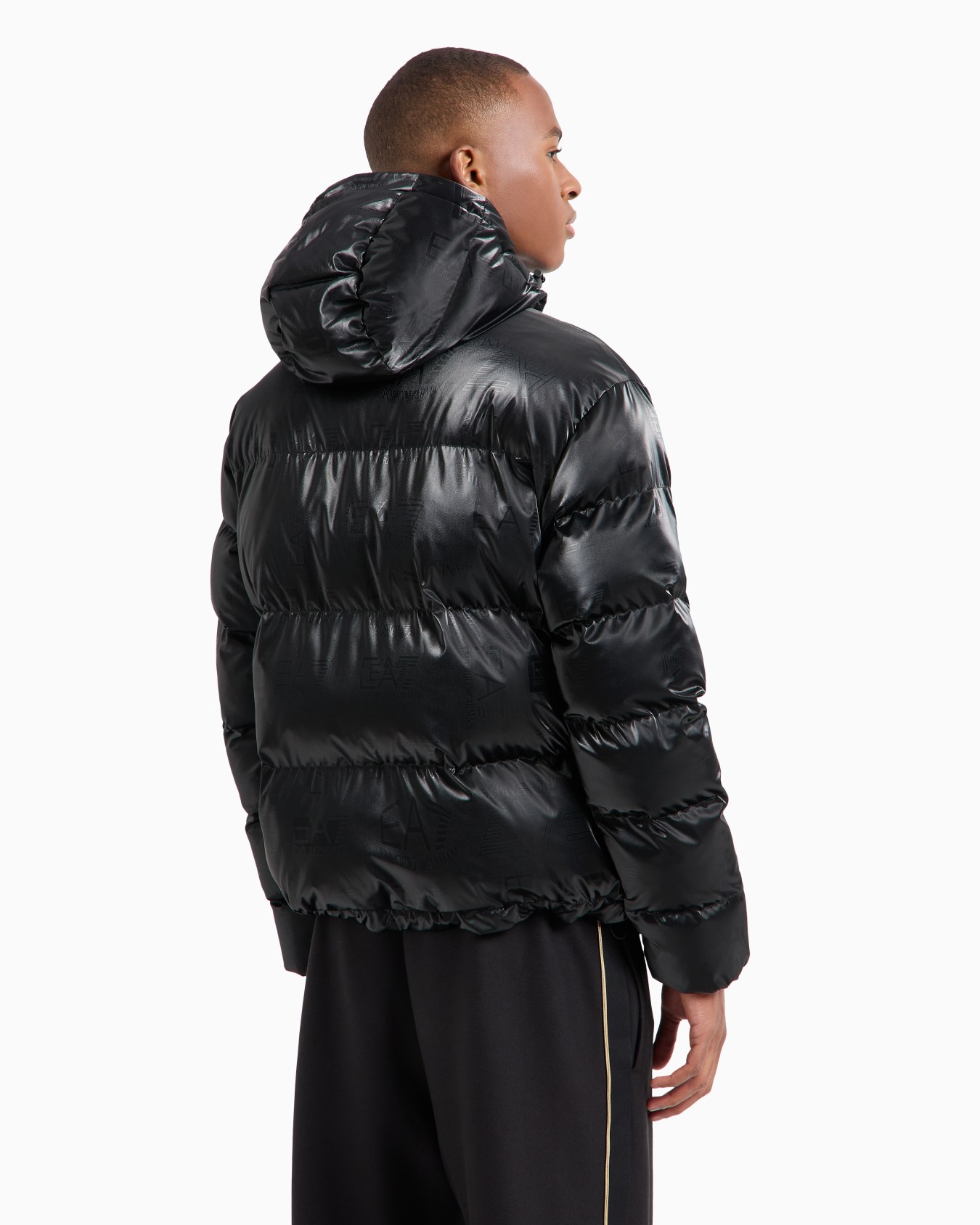Technical fabric padded jacket with hood and all-over logo Slide 3