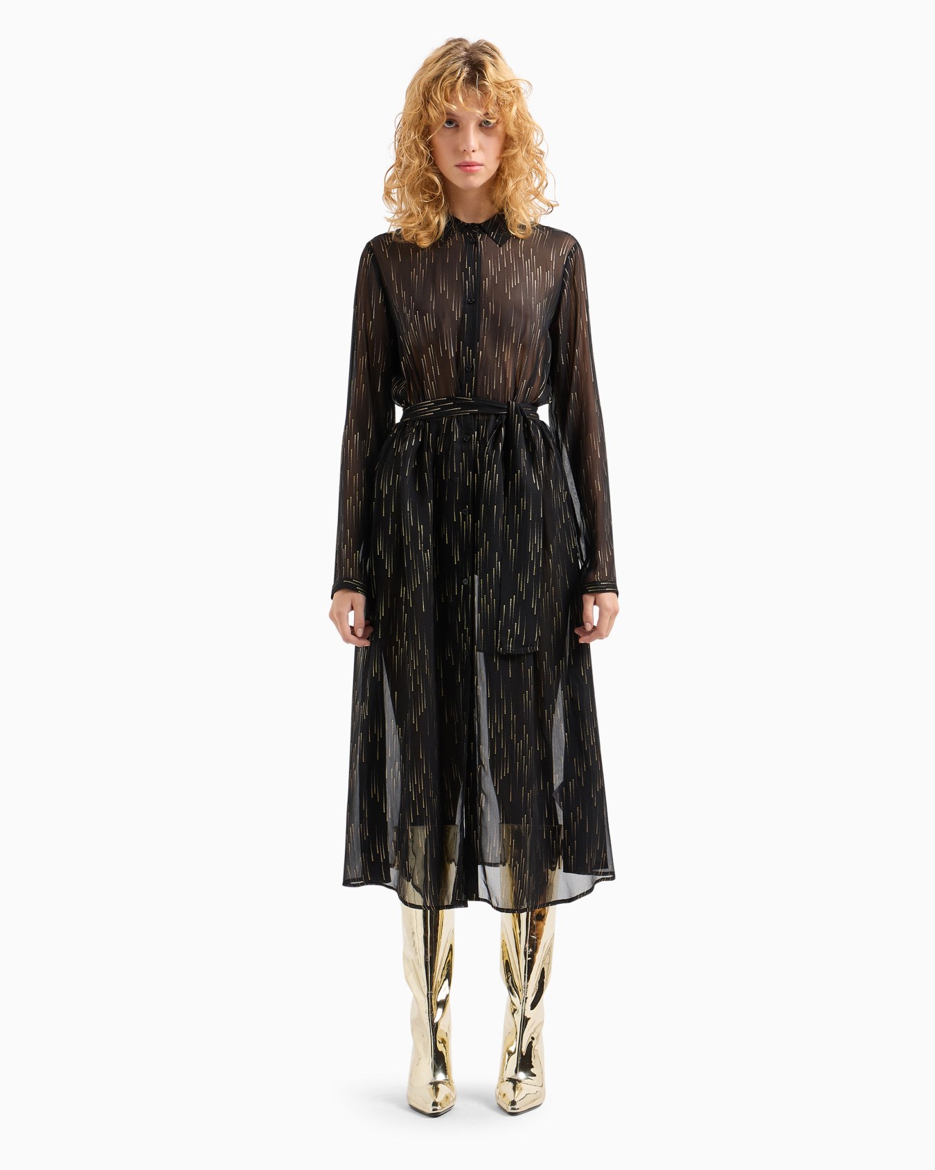 Sheer Chiffon Shirt Dress with Foil Print Slide 1