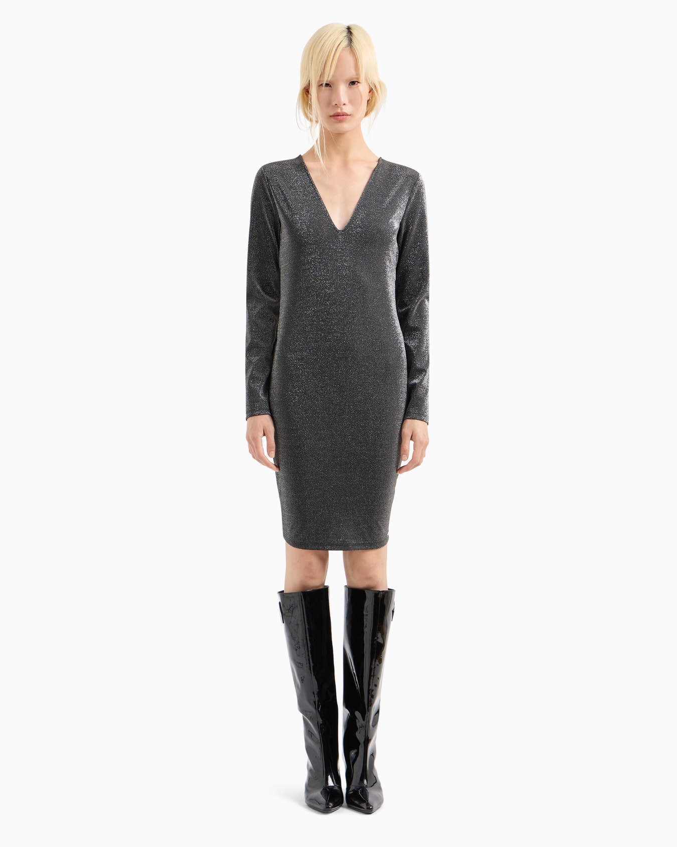 Vestido midi de lúrex con escote en espalda Diapositiva 1