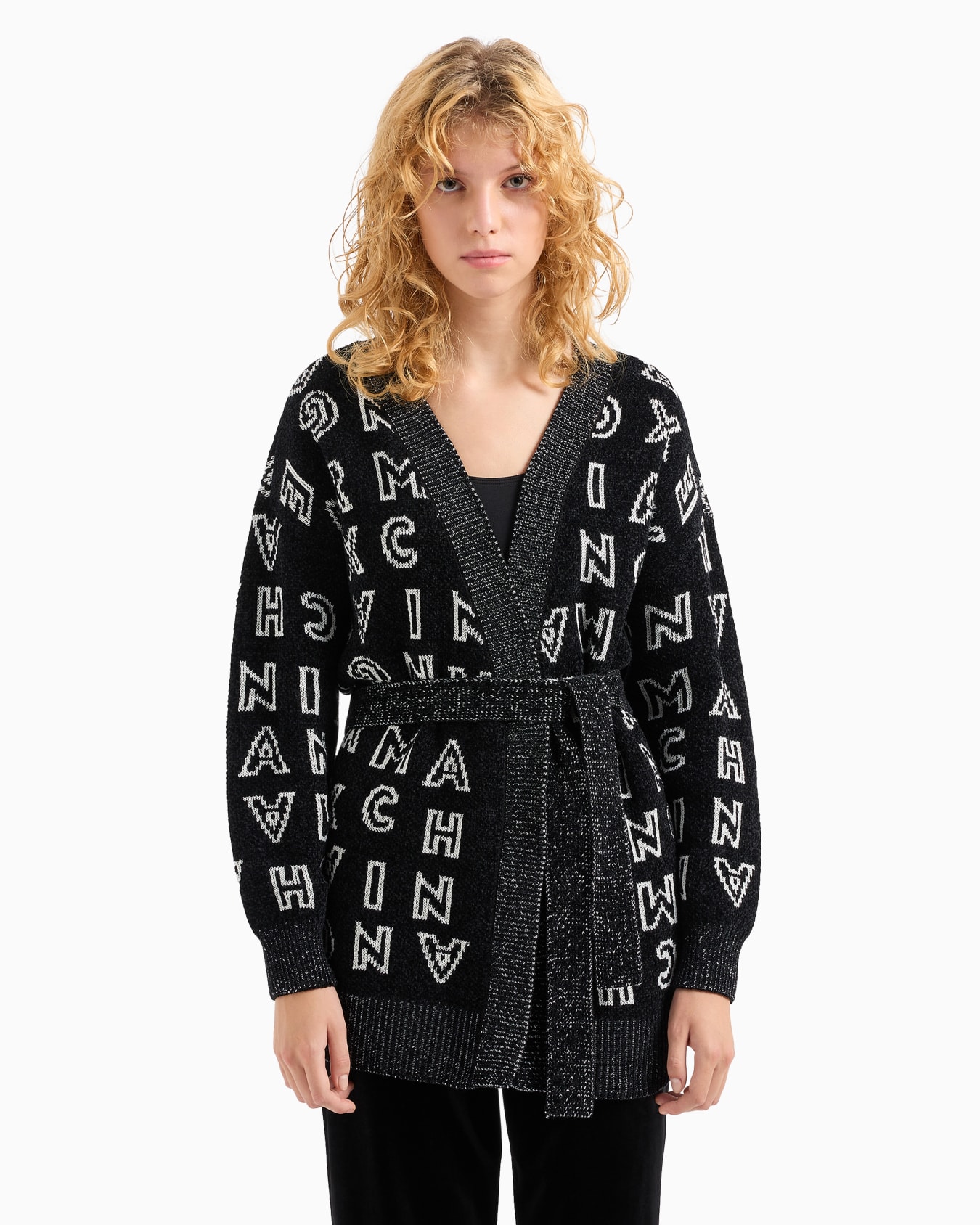 Maxi-cardigan with jacquard knit belt with ASV logo Slide 1