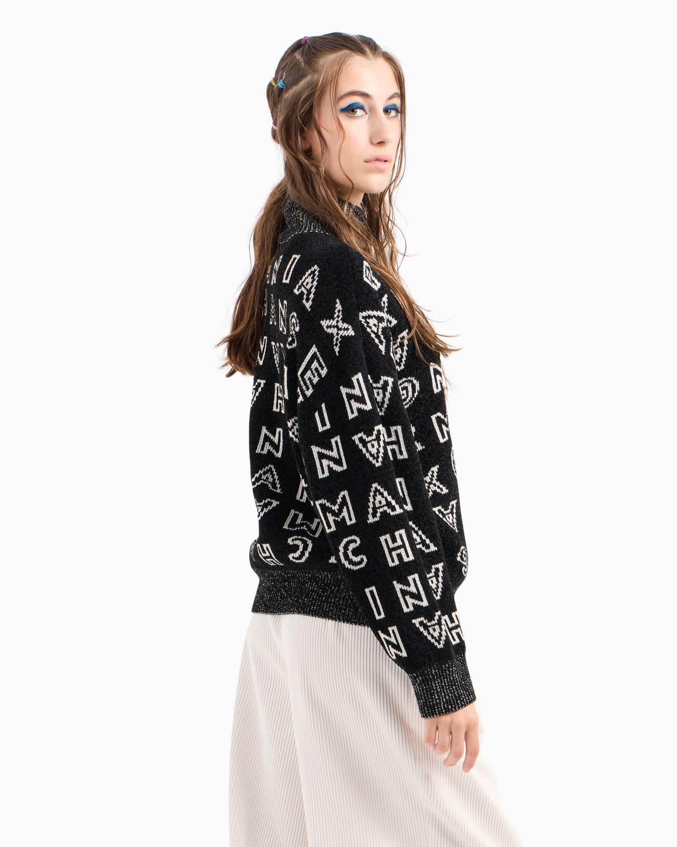 Knit turtleneck sweater with allover jacquard logo Slide 2