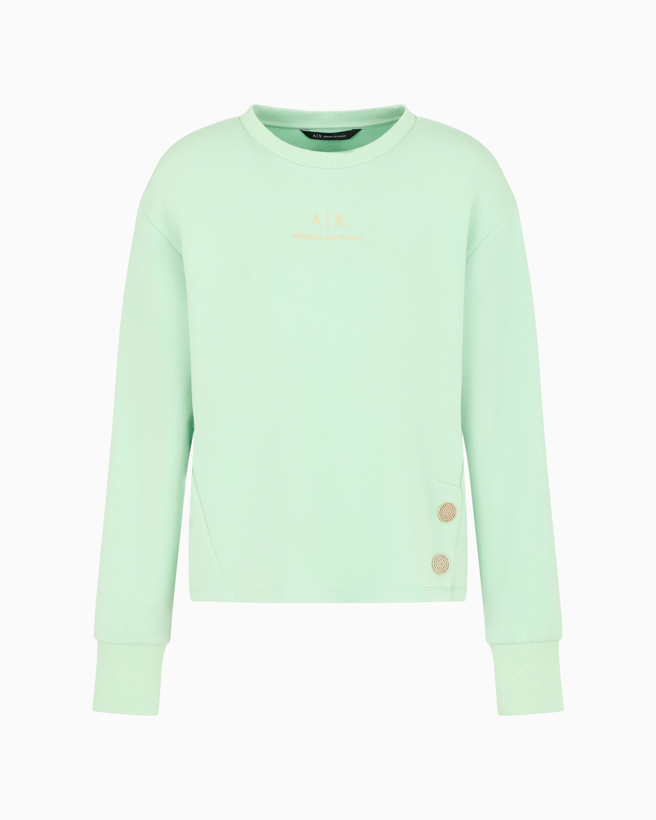 Sudadera de cuello redondo con logo dorado y botones. Diapositiva 0