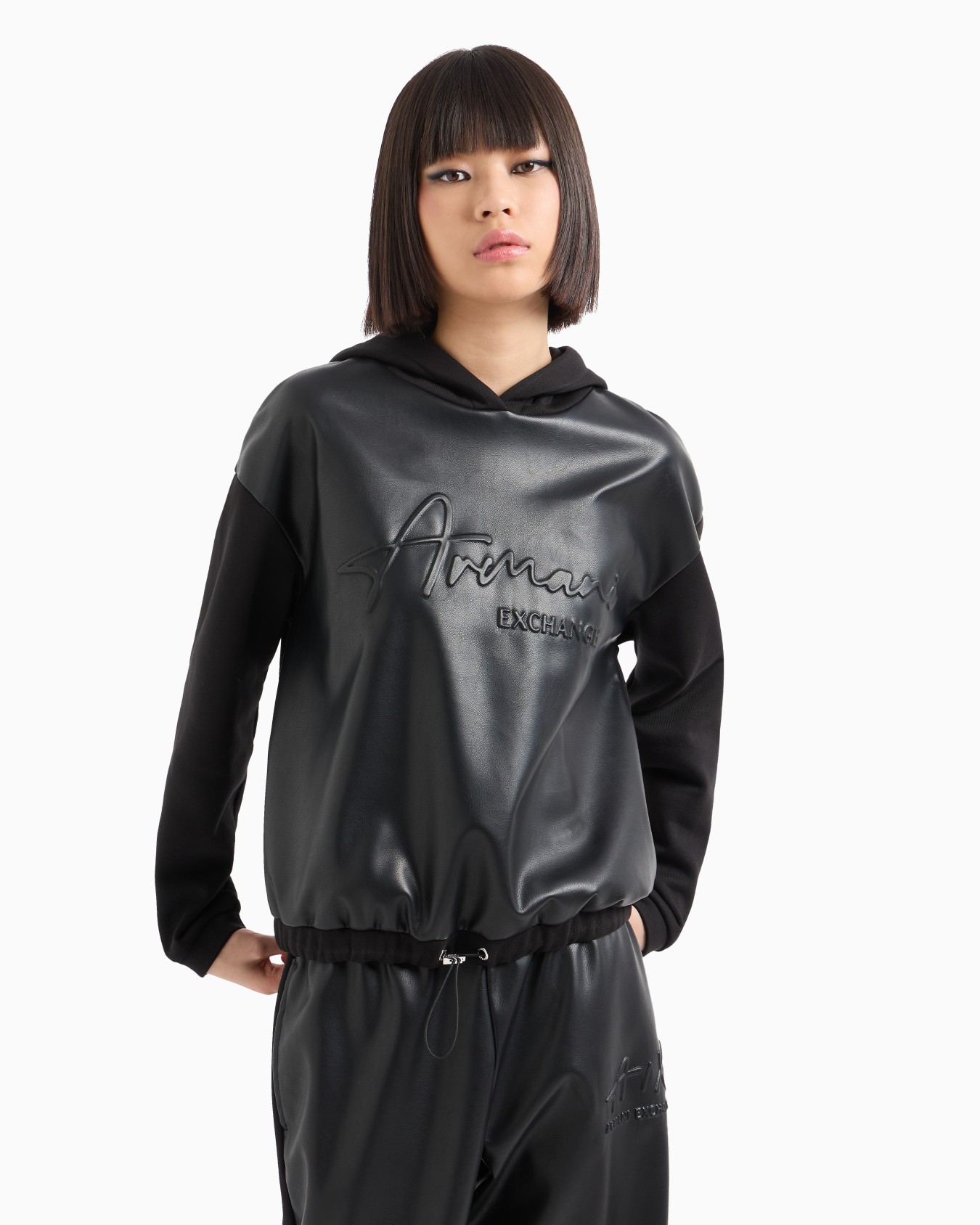 Sudadera de piel sintética y felpa francesa con logo grabado Diapositiva 1