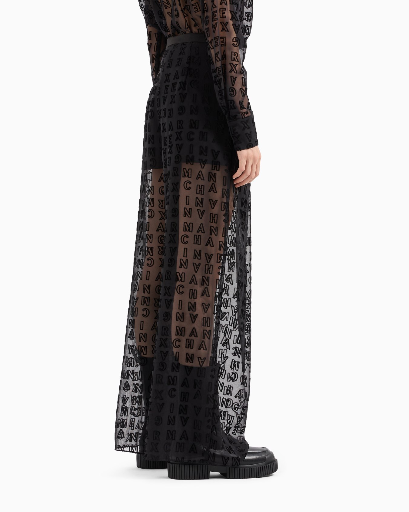 Sheer wide leg trousers with allover logo Slide 2