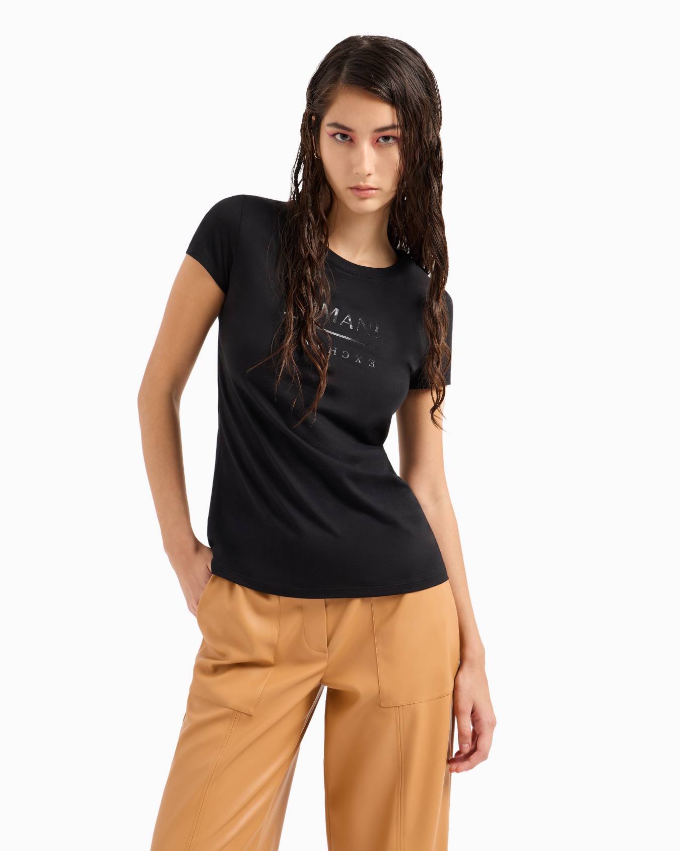 Slim fit pima cotton t-shirt with vinyl effect logo Slide 1
