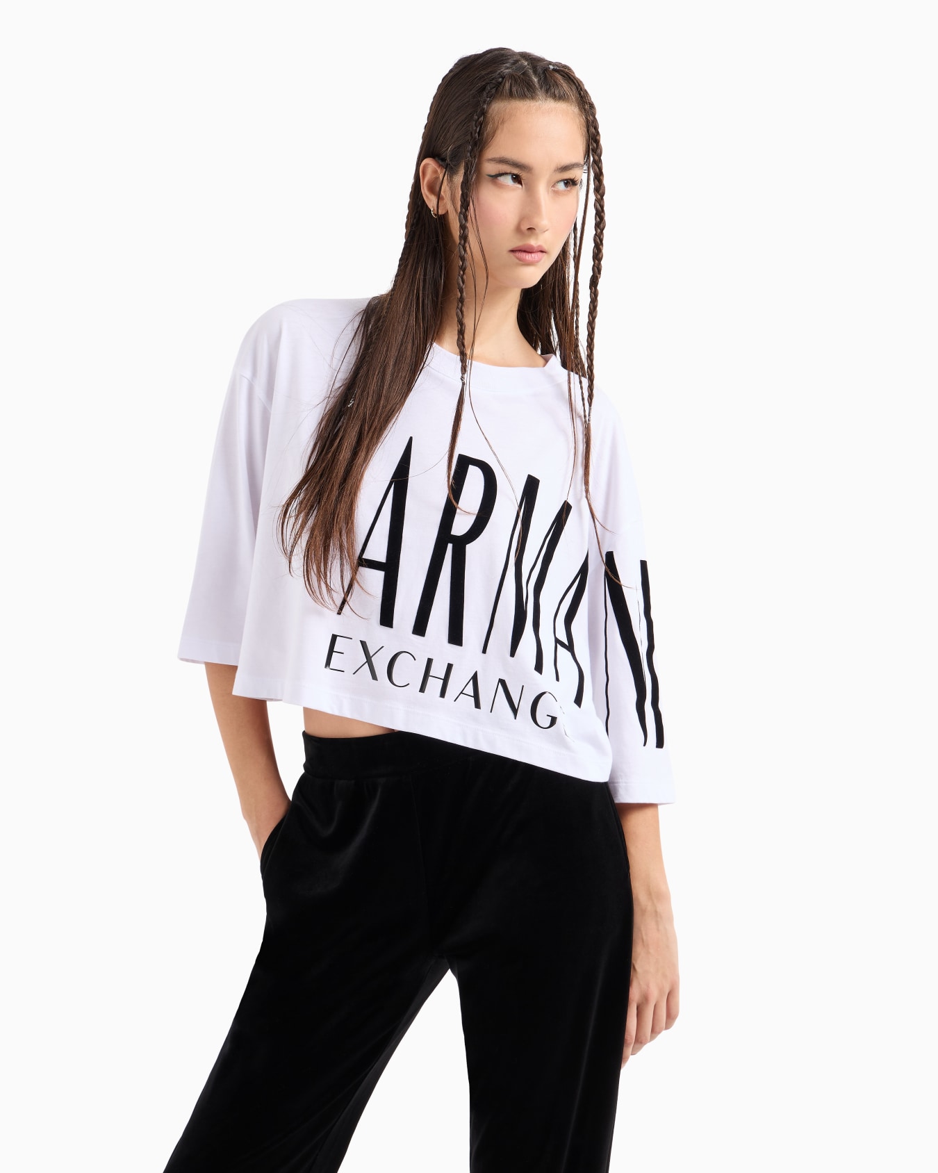Cropped T-shirt with flocked and shiny print Slide 1