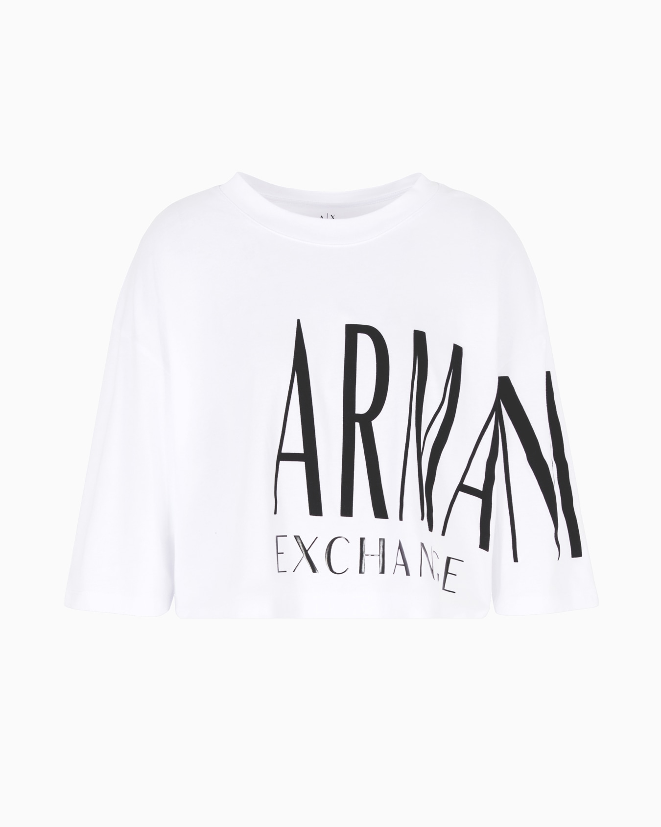 Cropped T-shirt with flocked and shiny print Slide 0