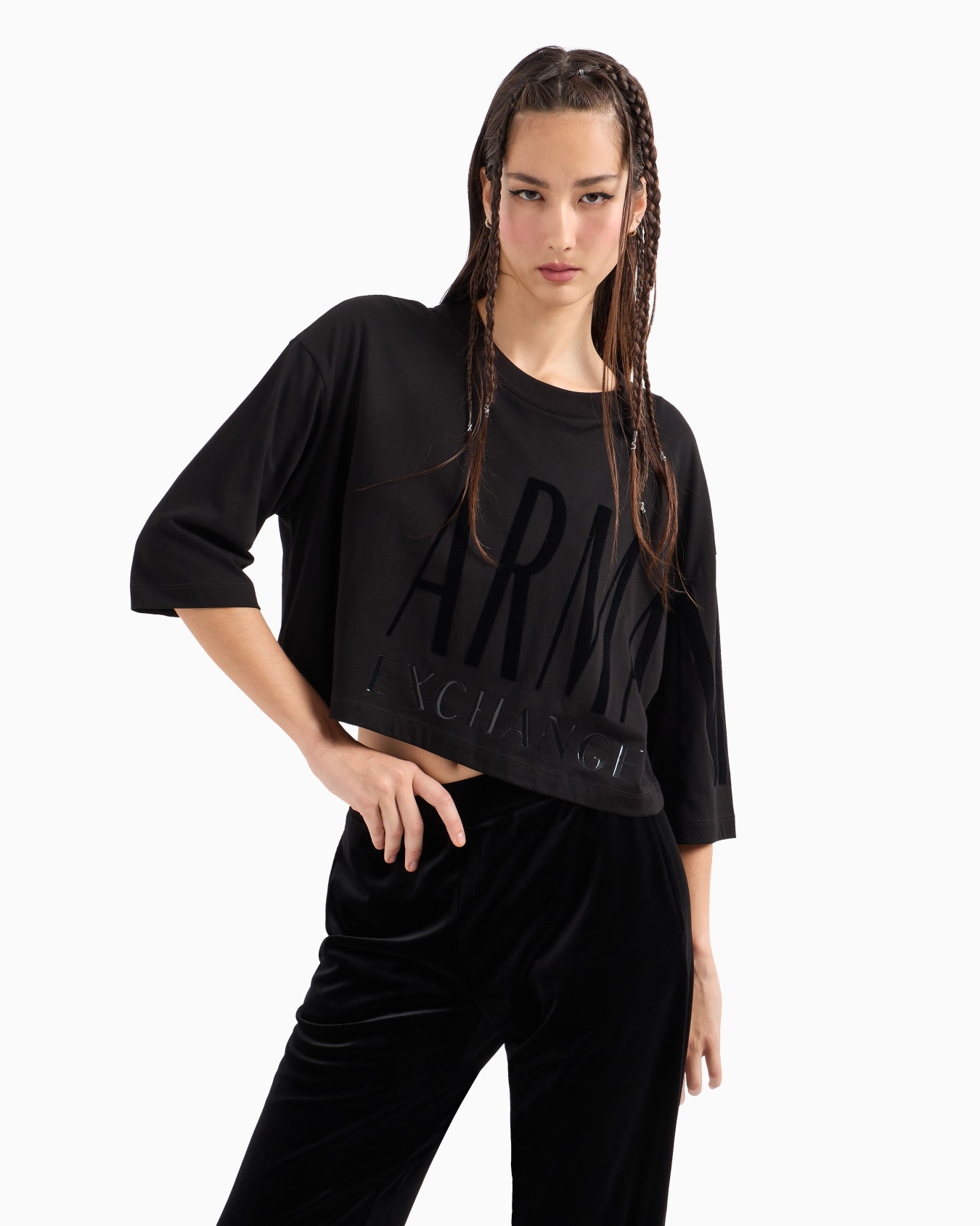 Cropped T-shirt with flocked and shiny print Slide 1