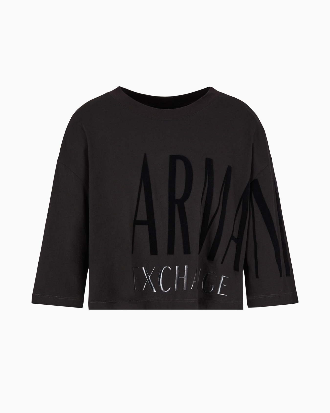 Cropped T-shirt with flocked and shiny print Slide 0