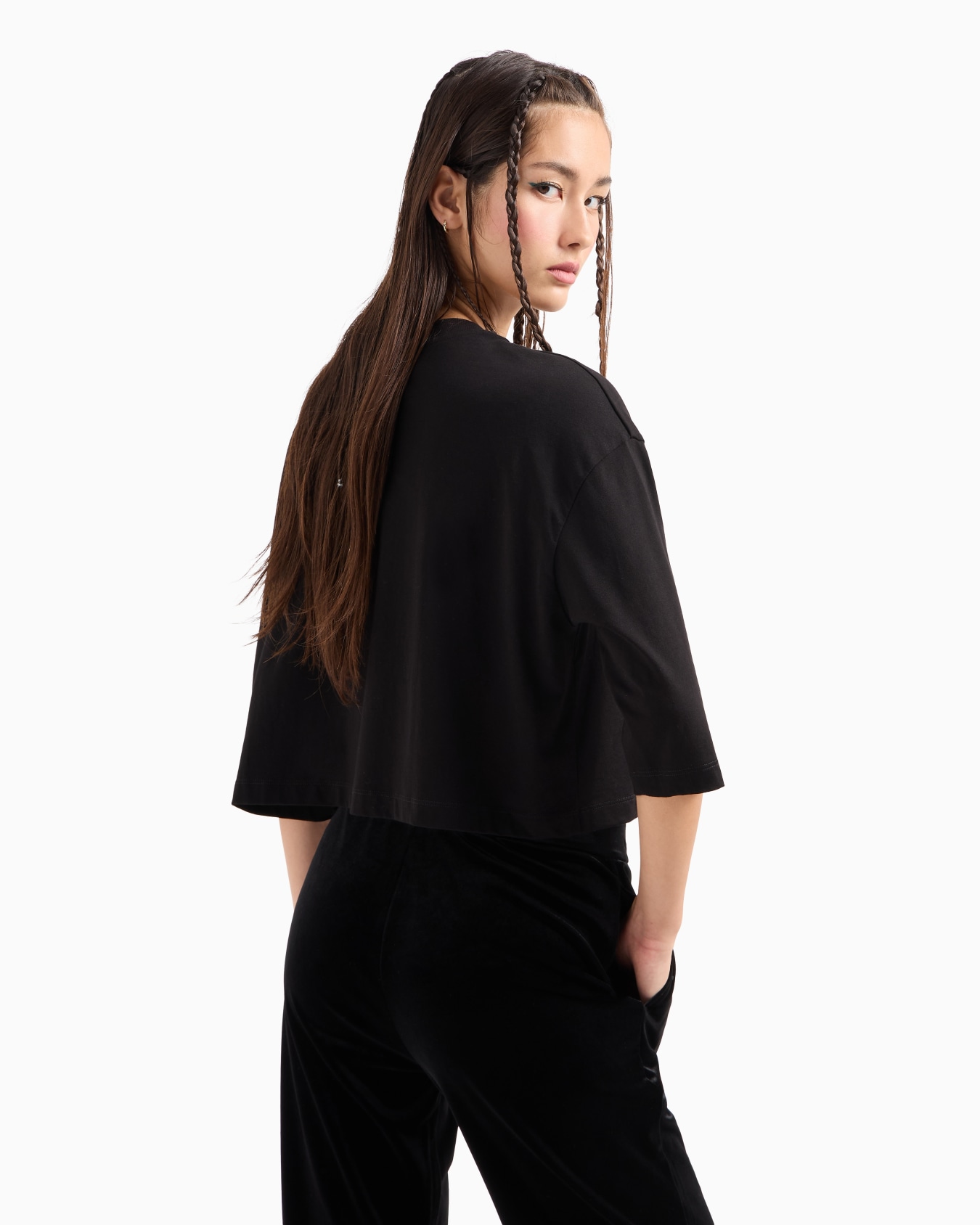Cropped T-shirt with flocked and shiny print Slide 2