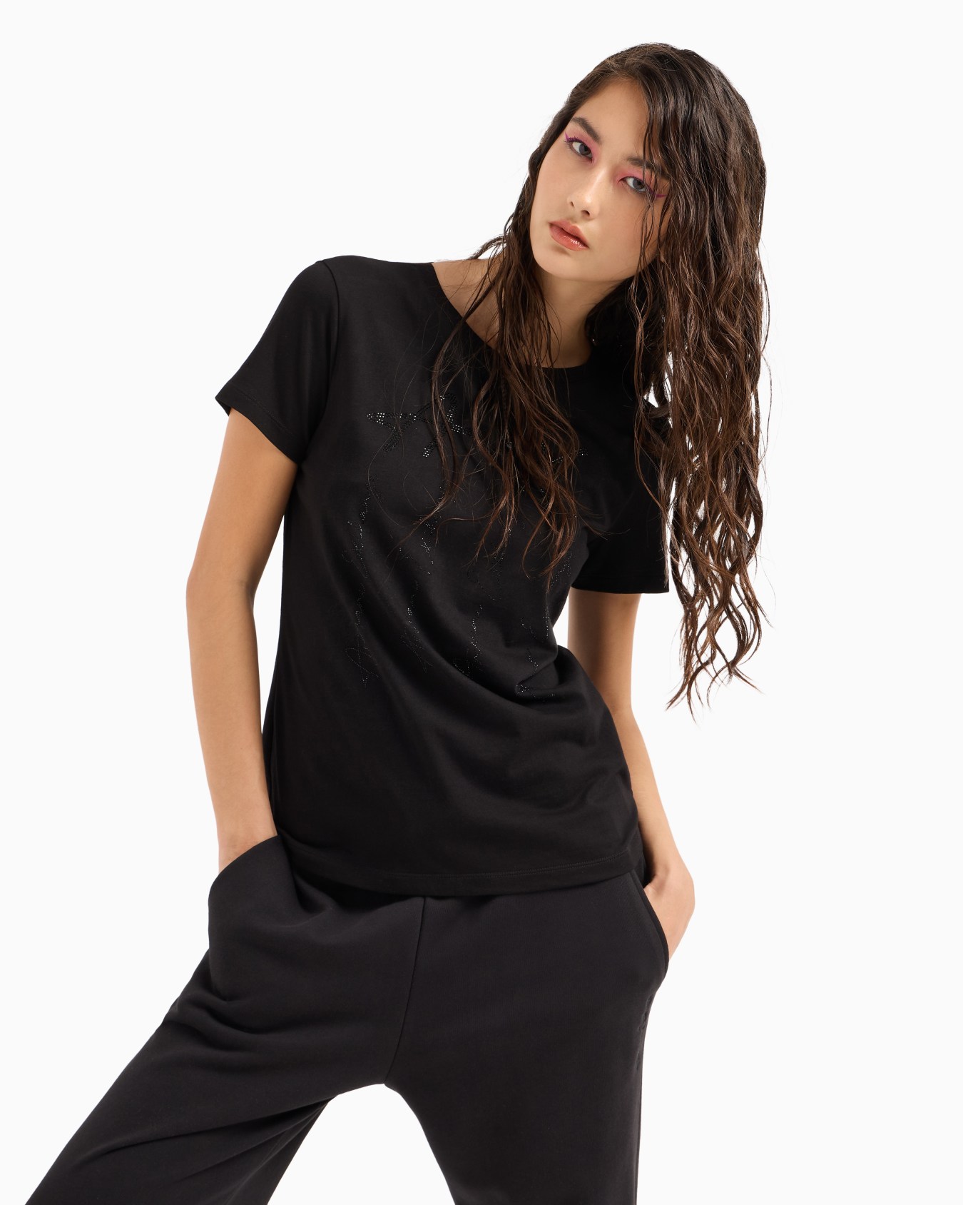 Regular fit T-shirt with rhinestone logo Slide 1