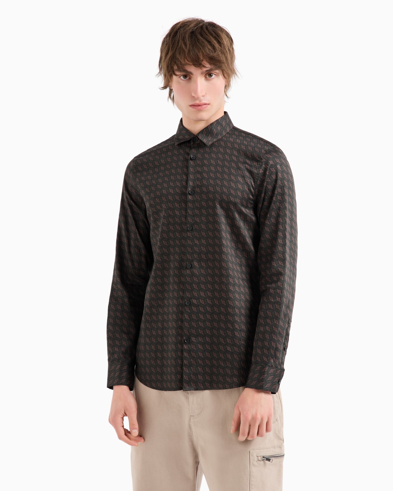 Regular fit patterned satin cotton shirt Slide 1