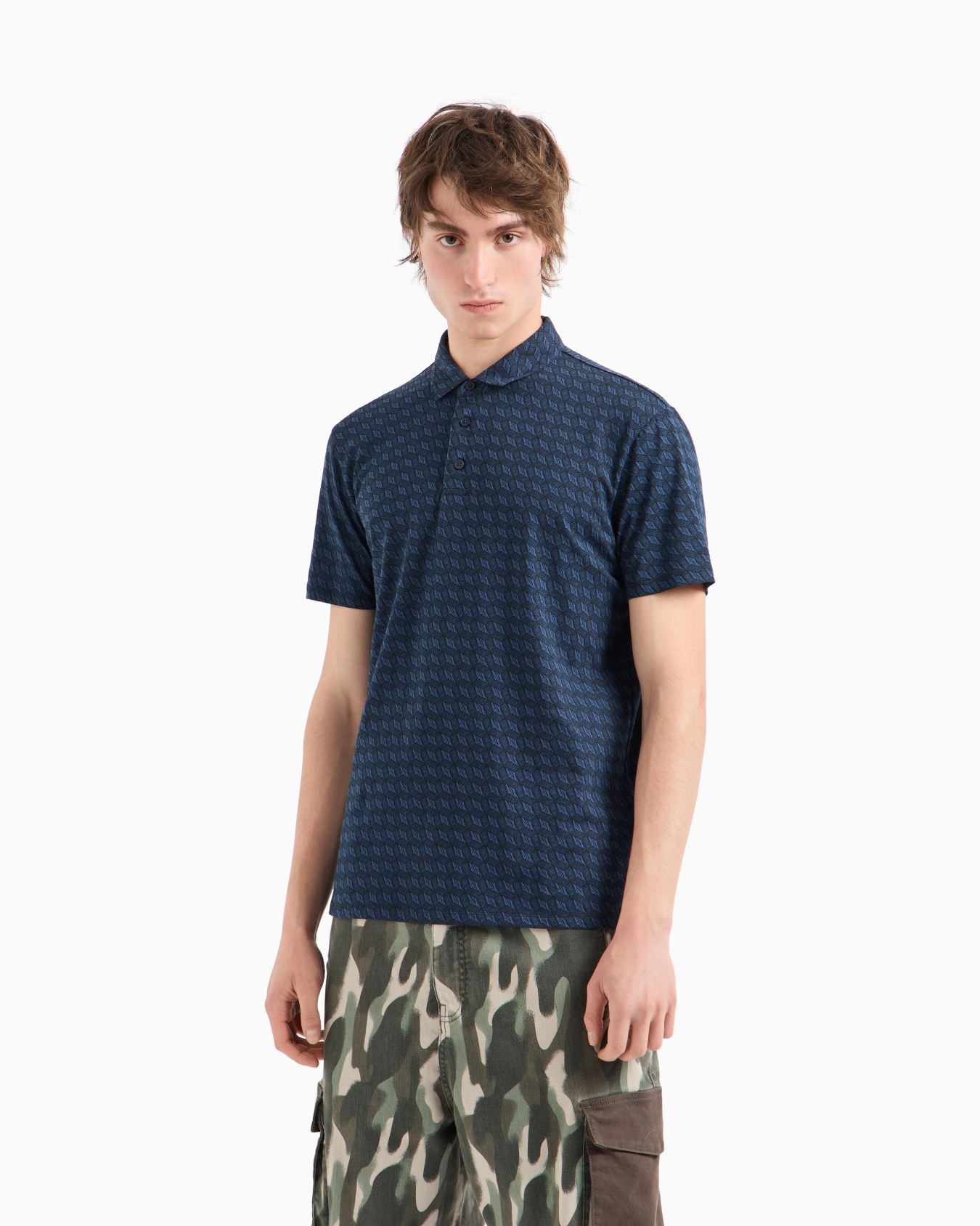 Regular fit cotton polo with allover logo Slide 1