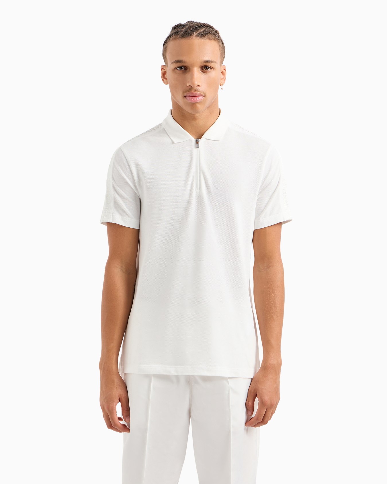 Regular fit cotton zip polo with logo bands Slide 1