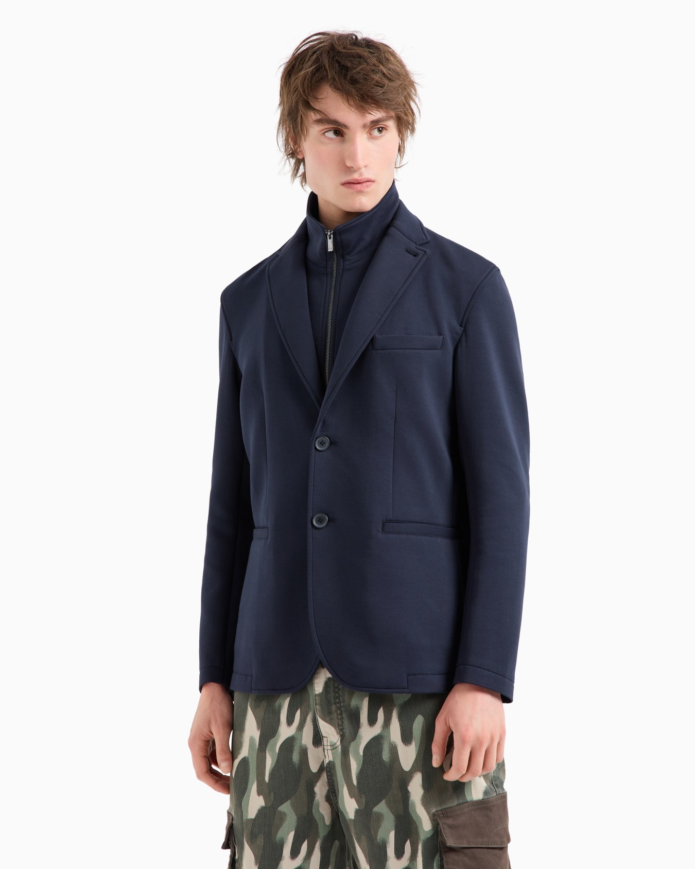 Giacca monopetto in cotone stretch con pettorina con zip Slide 1