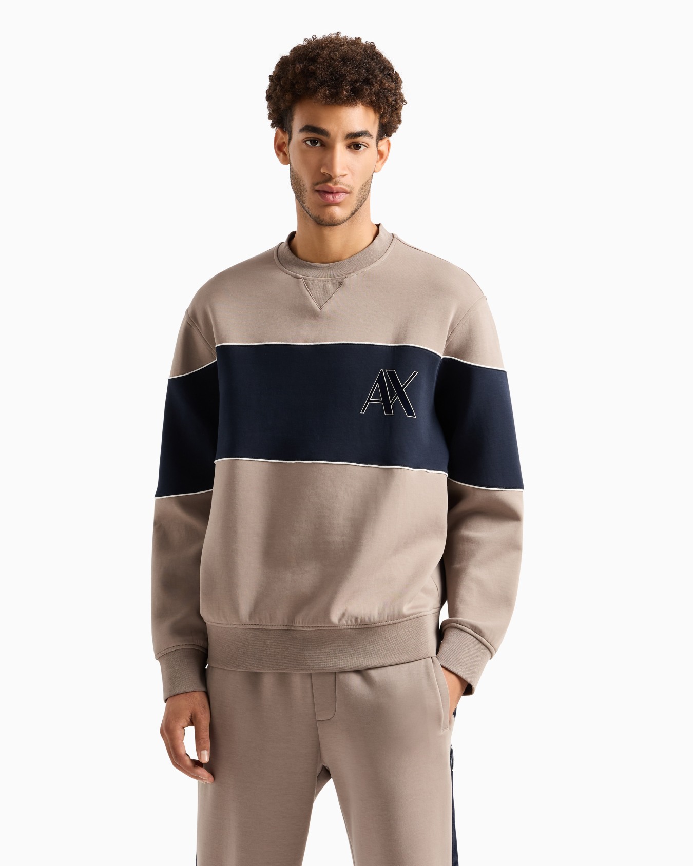 Crewneck sweatshirt in stretch cotton blend with contrasting band Slide 1