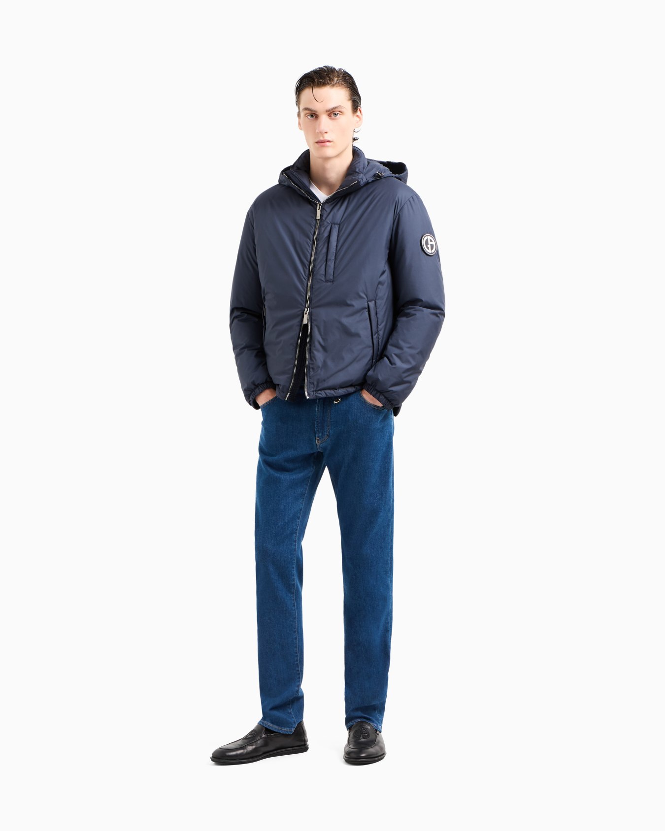 Five-pocket, regular fit, stretch cotton-denim trousers Slide 1