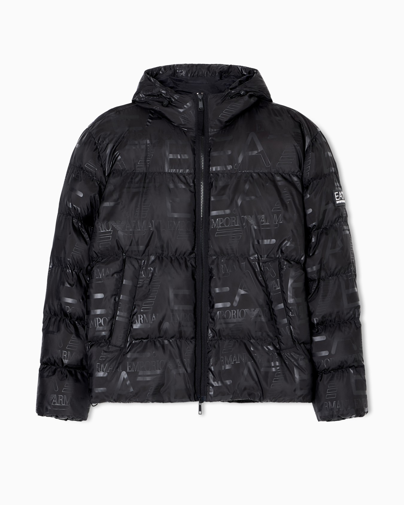 Padded hooded jacket with all-over logo print  Slide 0