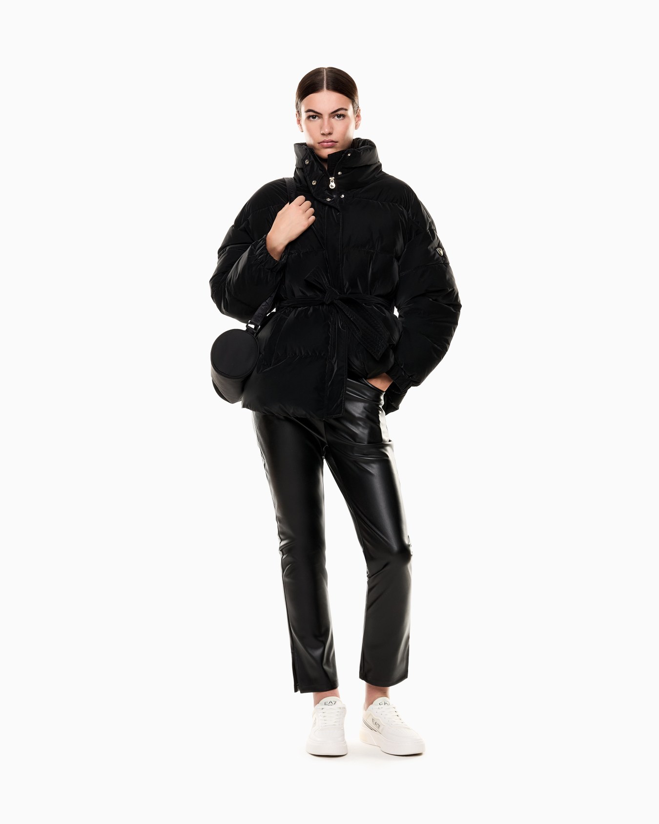 Nylon padded jacket with belt Slide 1